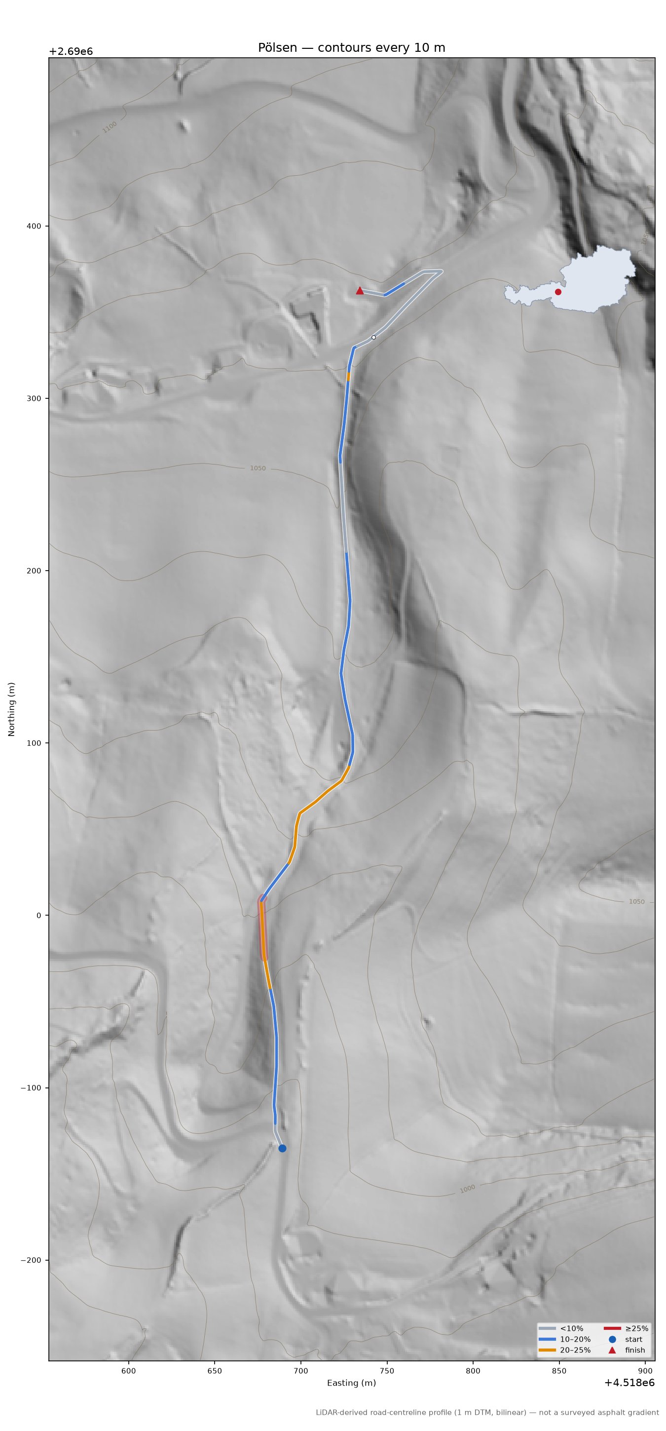 Pölsen LiDAR hillshade map with contours