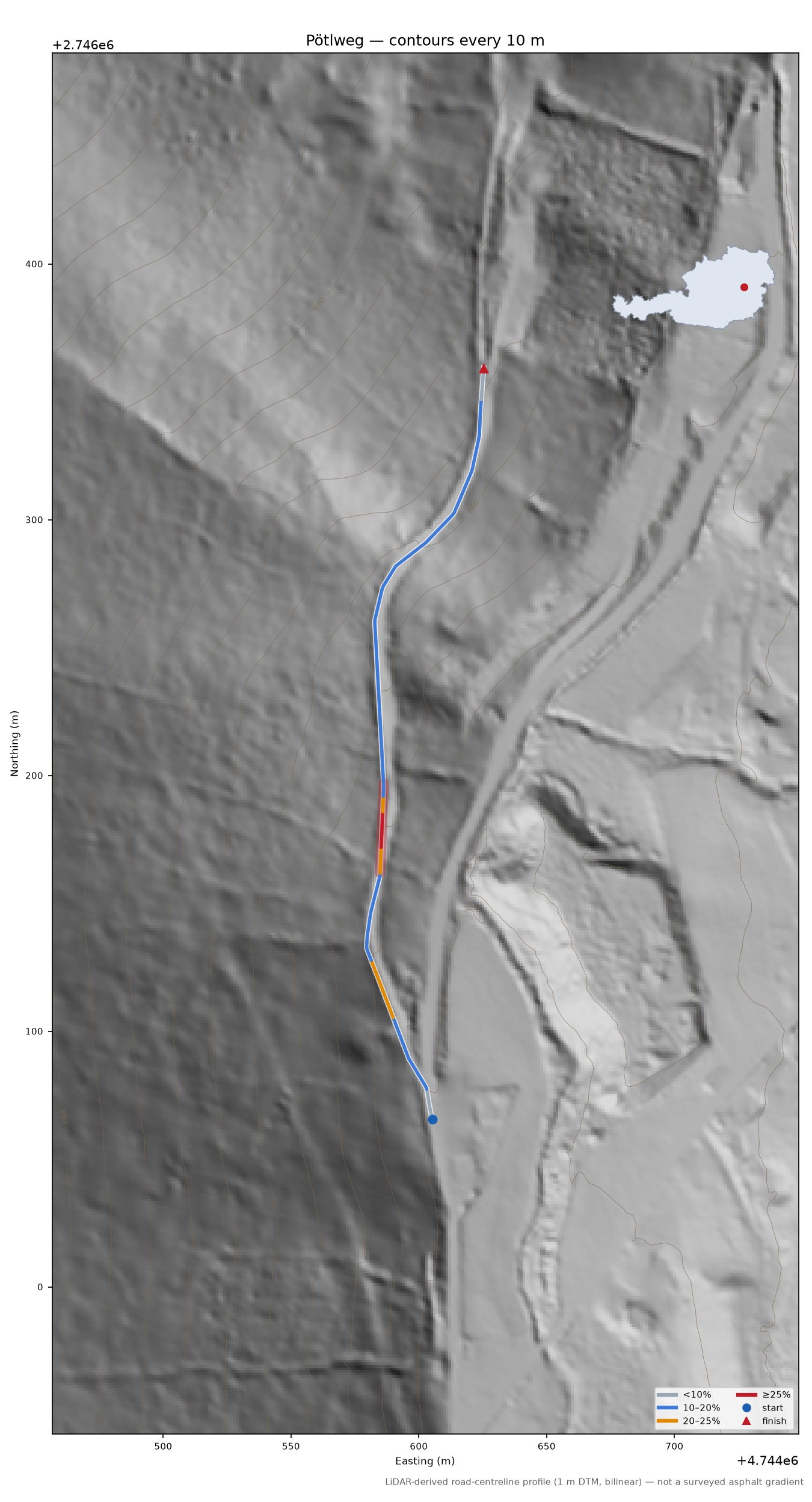 Pötlweg LiDAR hillshade map with contours