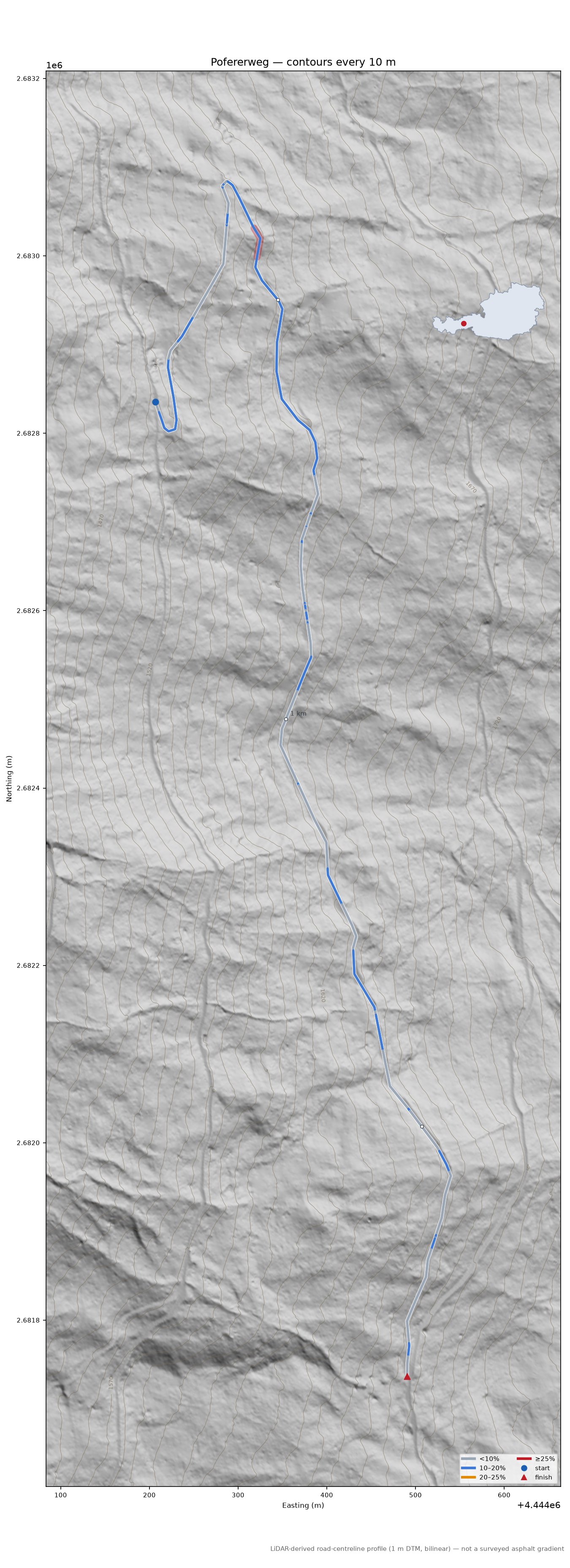 Pofererweg LiDAR hillshade map with contours