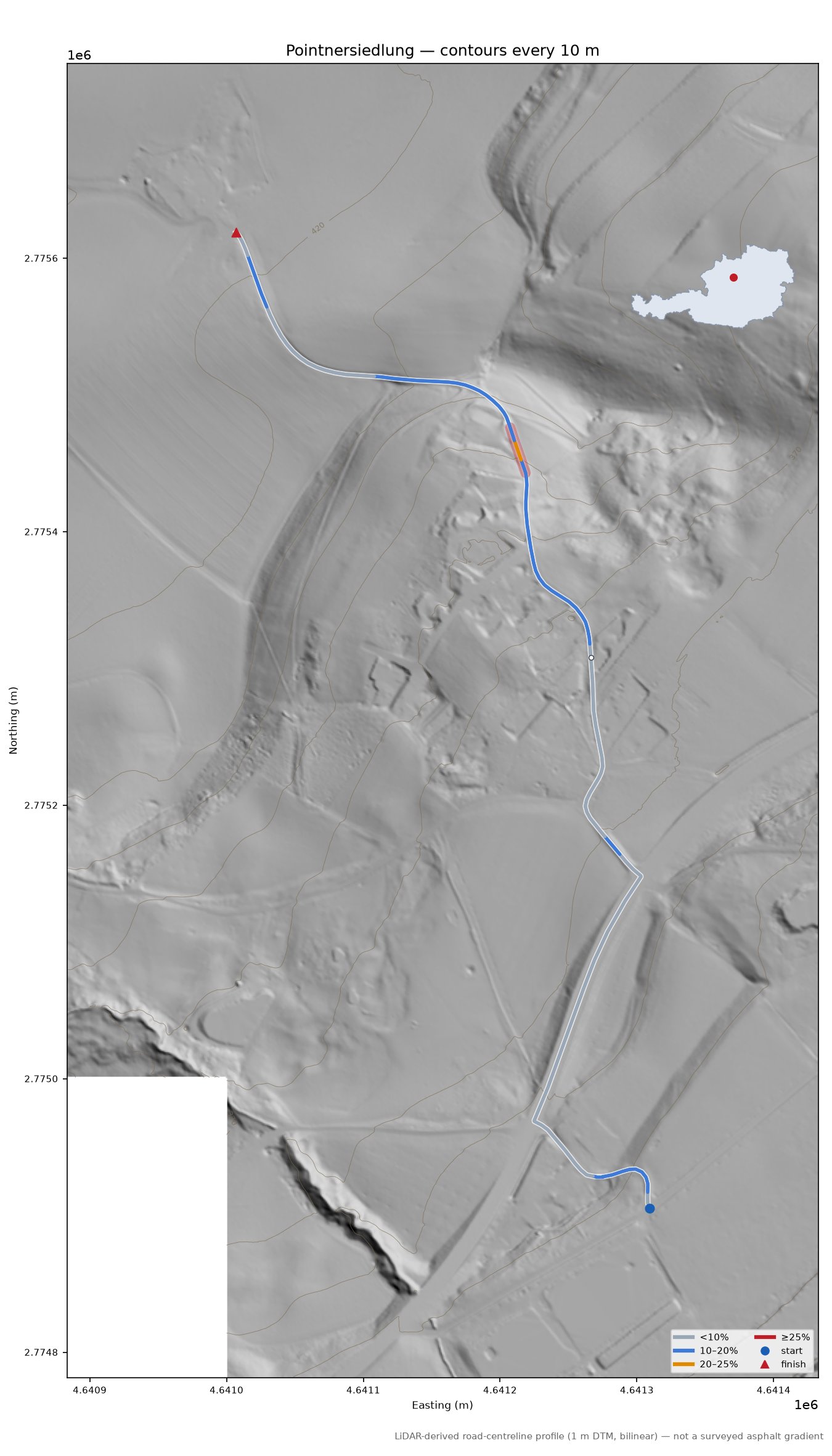 Pointnersiedlung LiDAR hillshade map with contours