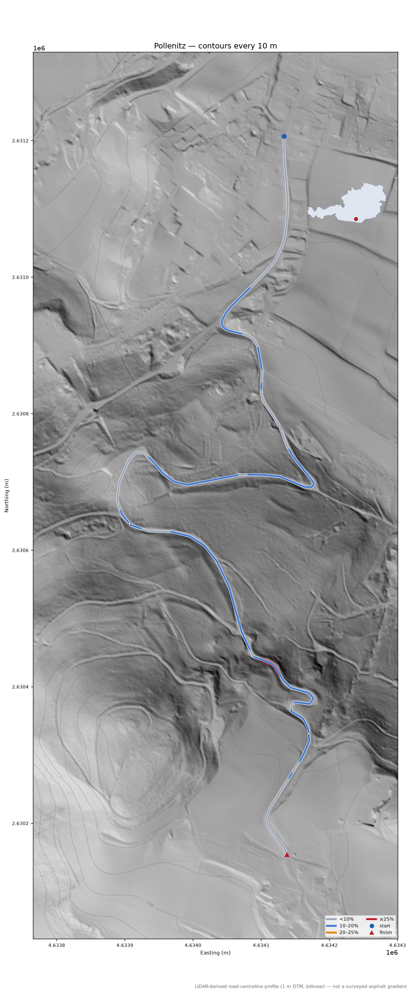 Pollenitz LiDAR hillshade map with contours