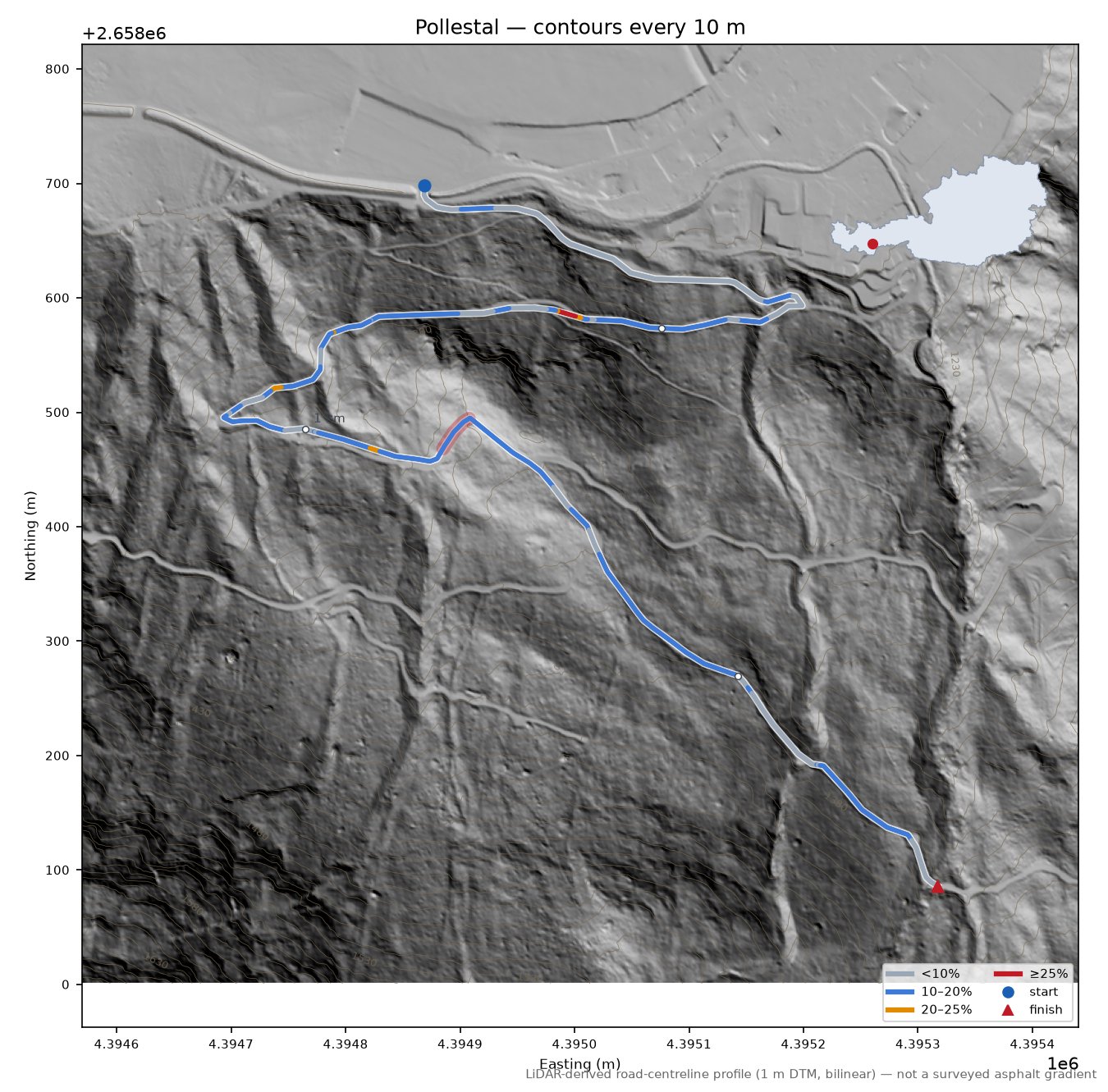 Pollestal LiDAR hillshade map with contours