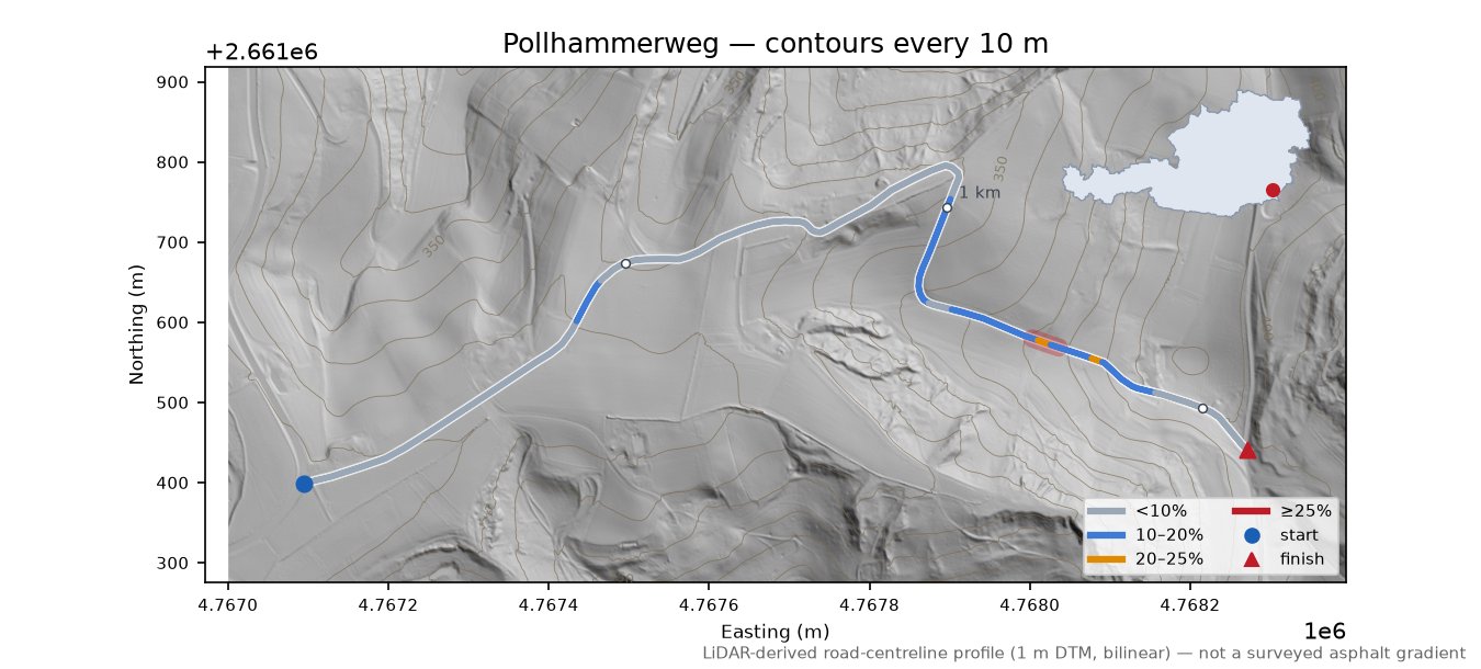 Pollhammerweg LiDAR hillshade map with contours