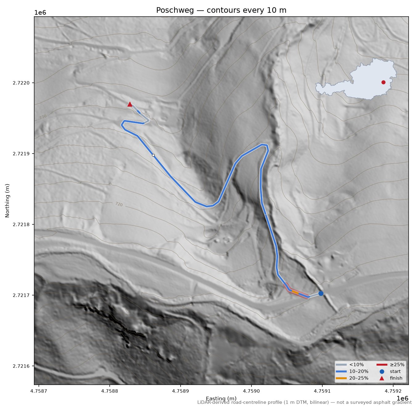 Poschweg LiDAR hillshade map with contours
