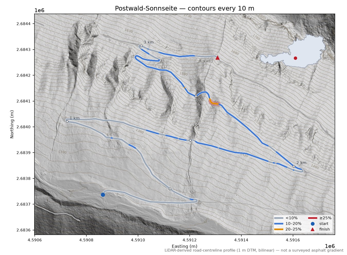 Postwald-Sonnseite LiDAR hillshade map with contours