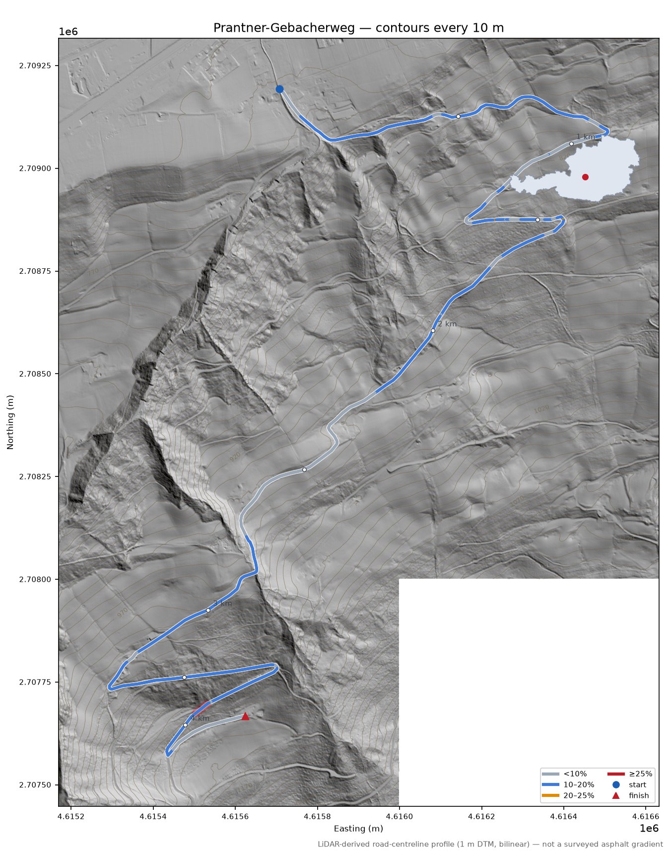 Prantner-Gebacherweg LiDAR hillshade map with contours