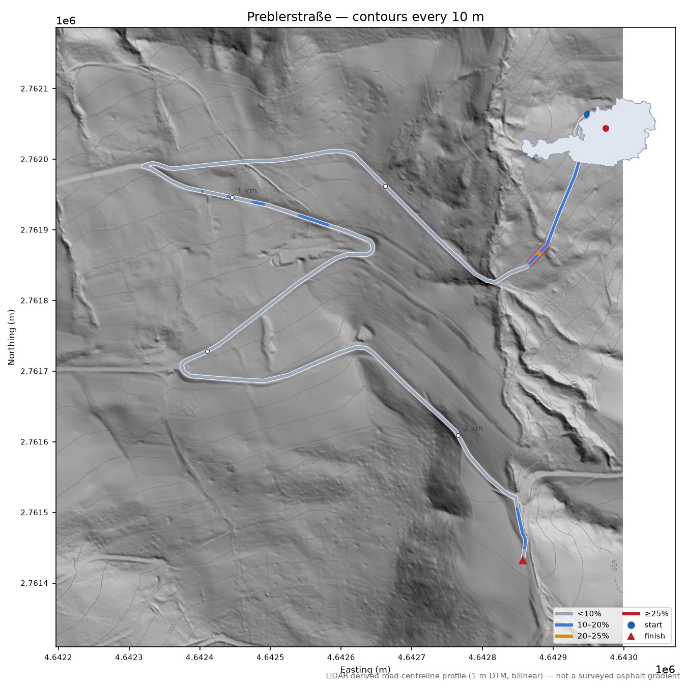 Preblerstraße LiDAR hillshade map with contours