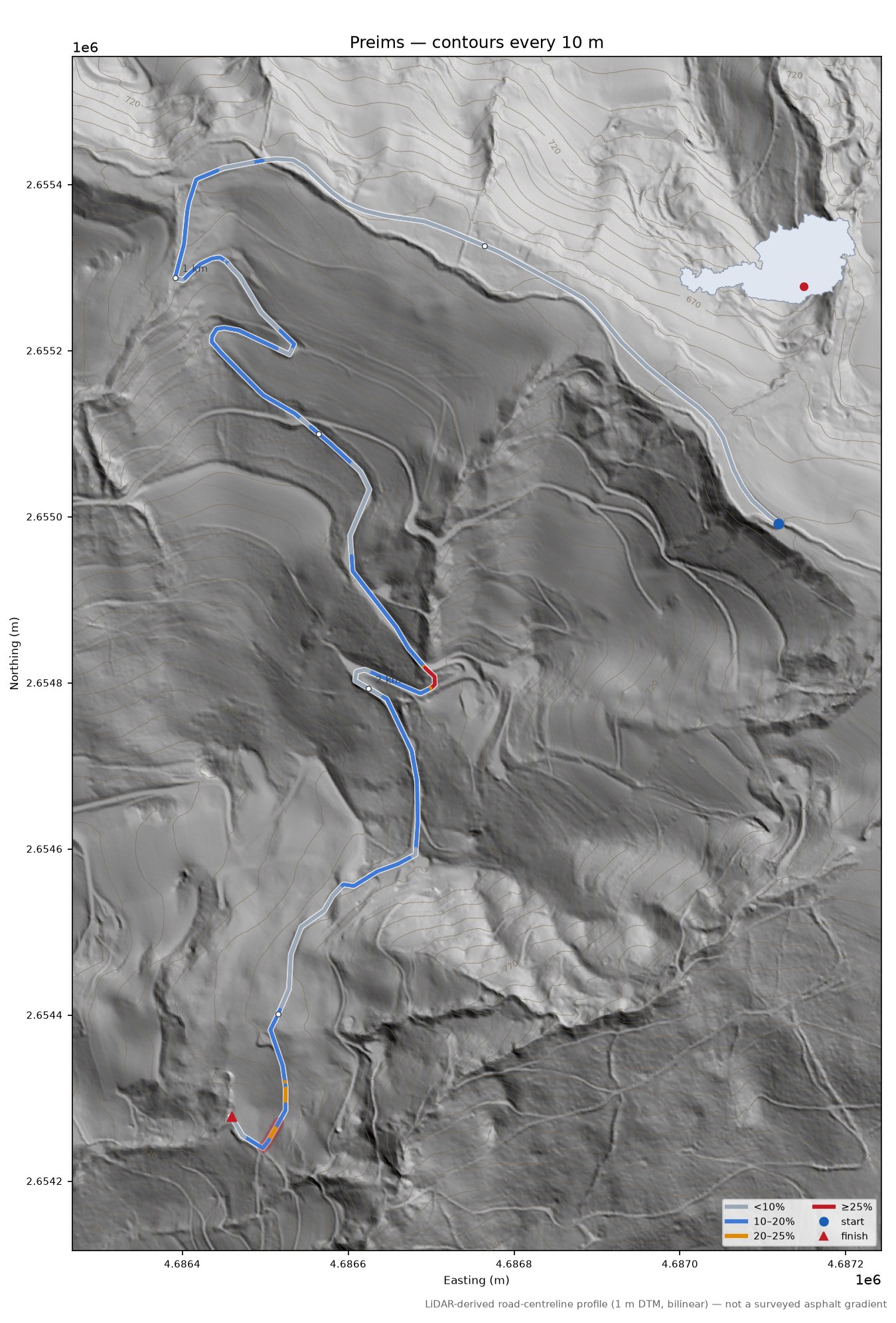 Preims LiDAR hillshade map with contours