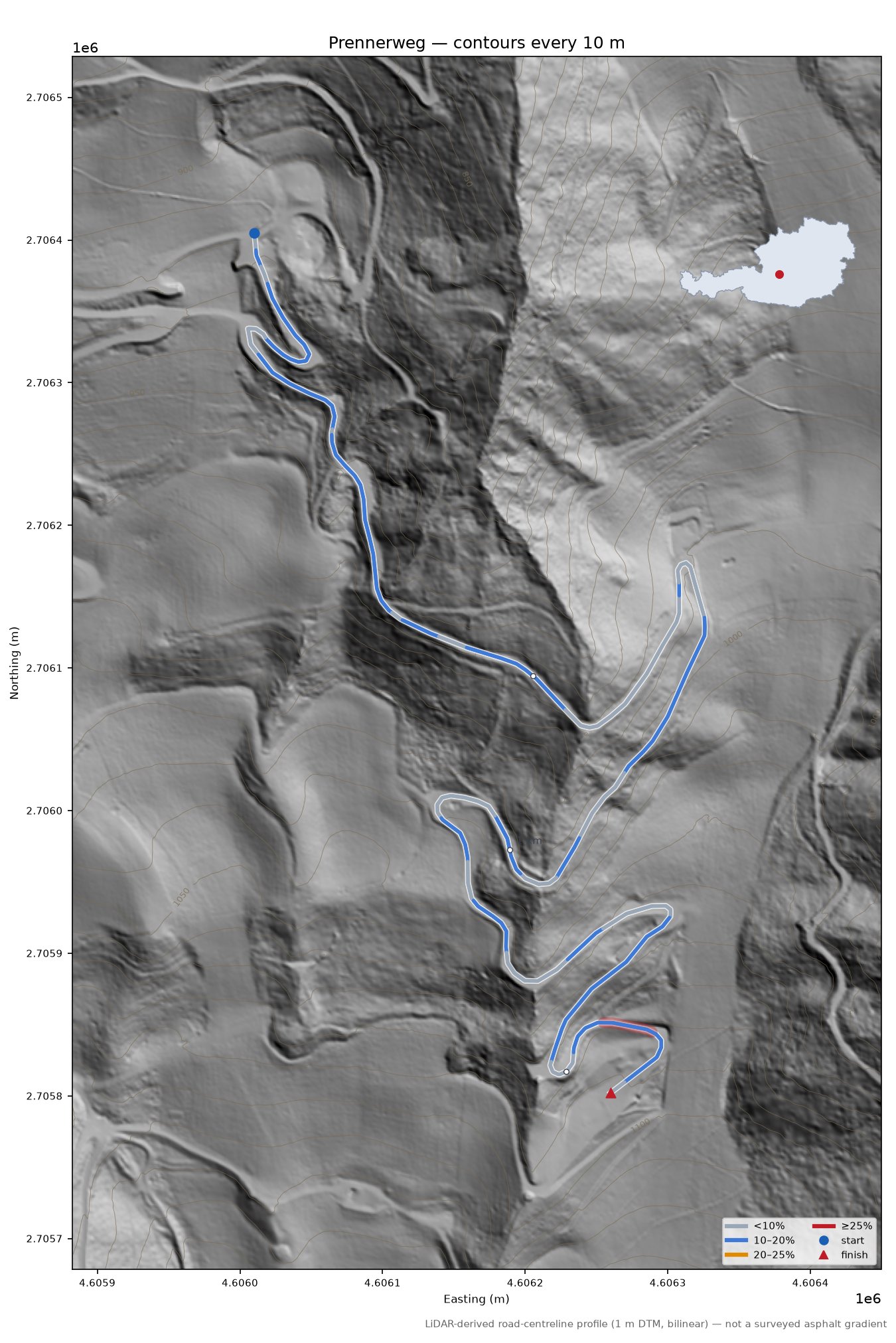 Prennerweg LiDAR hillshade map with contours