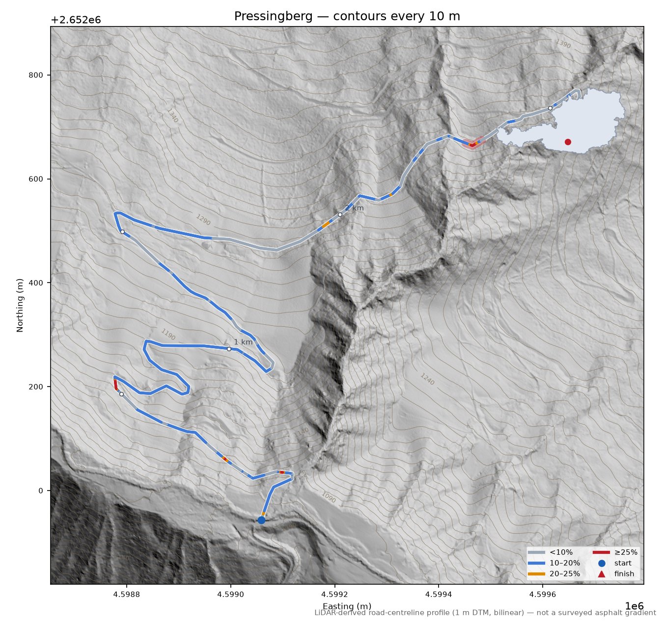 Pressingberg LiDAR hillshade map with contours