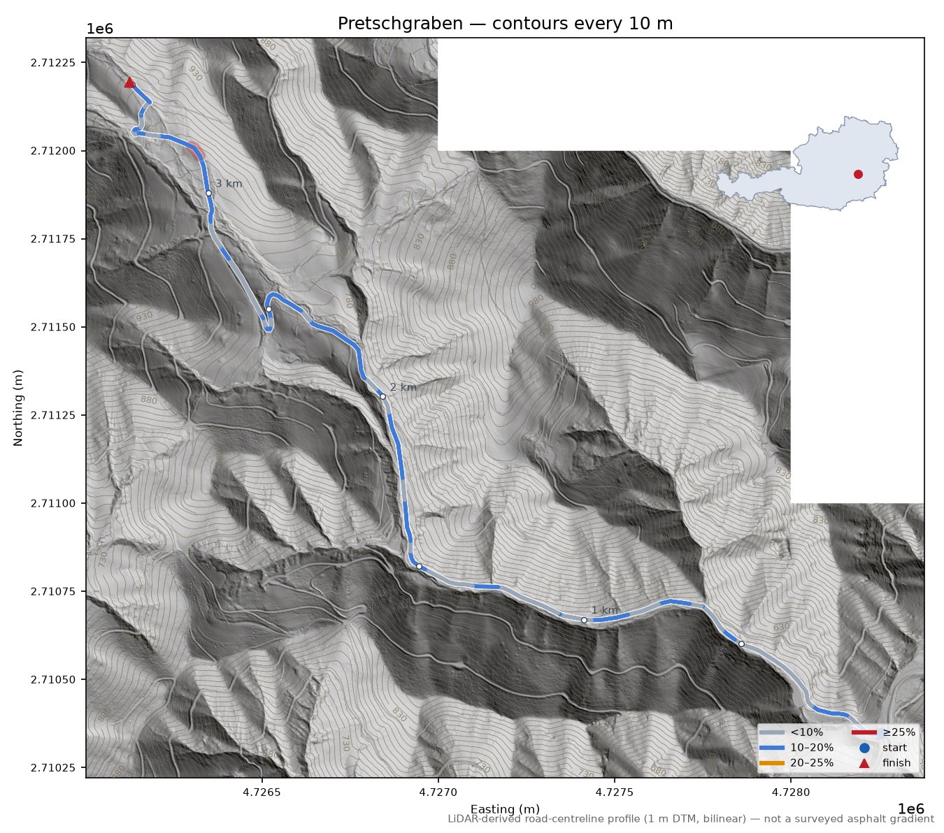 Pretschgraben LiDAR hillshade map with contours