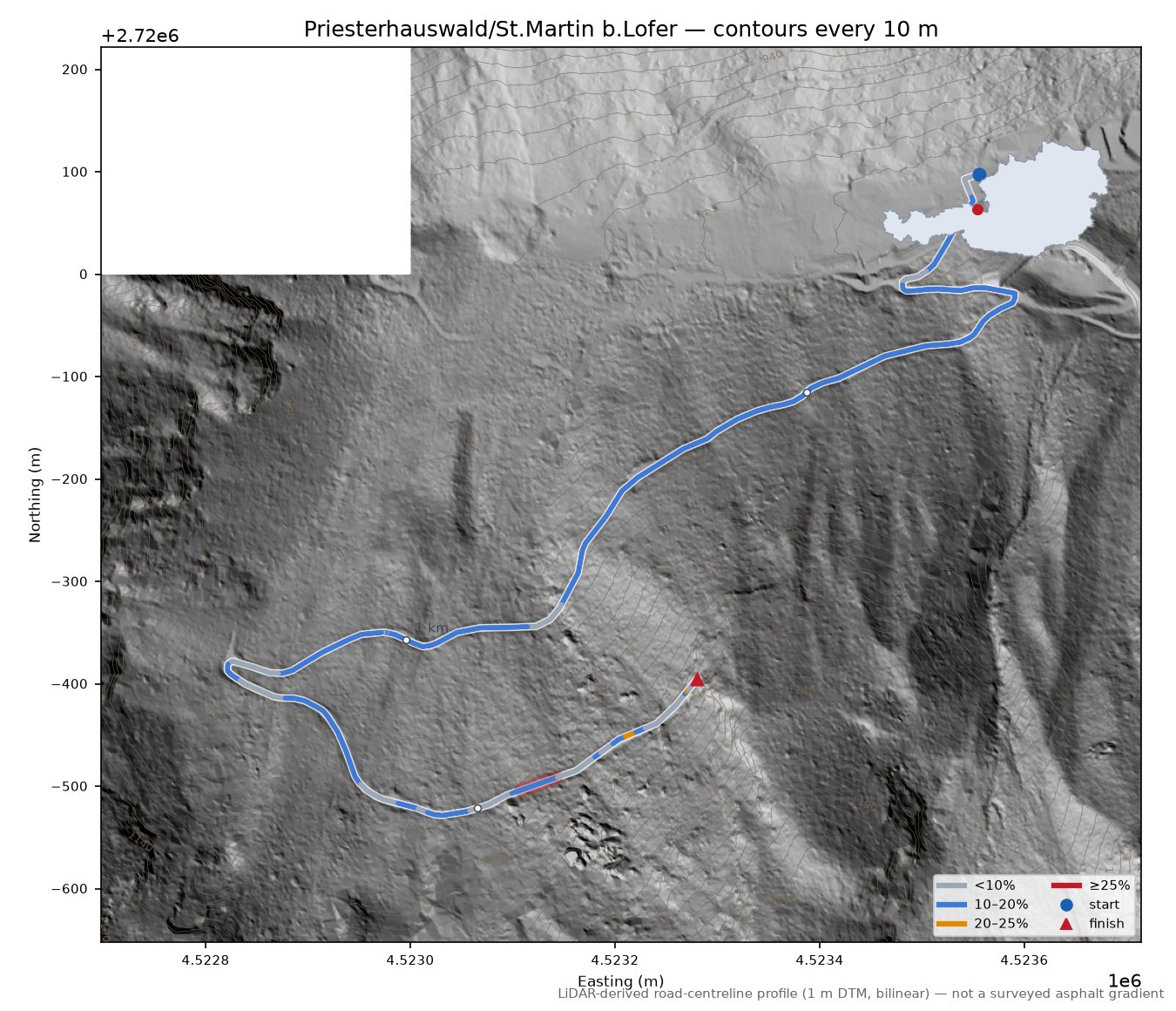 Priesterhauswald/St.Martin b.Lofer LiDAR hillshade map with contours