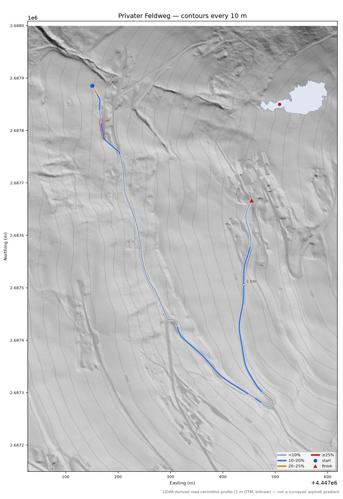 Privater Feldweg LiDAR hillshade map with contours