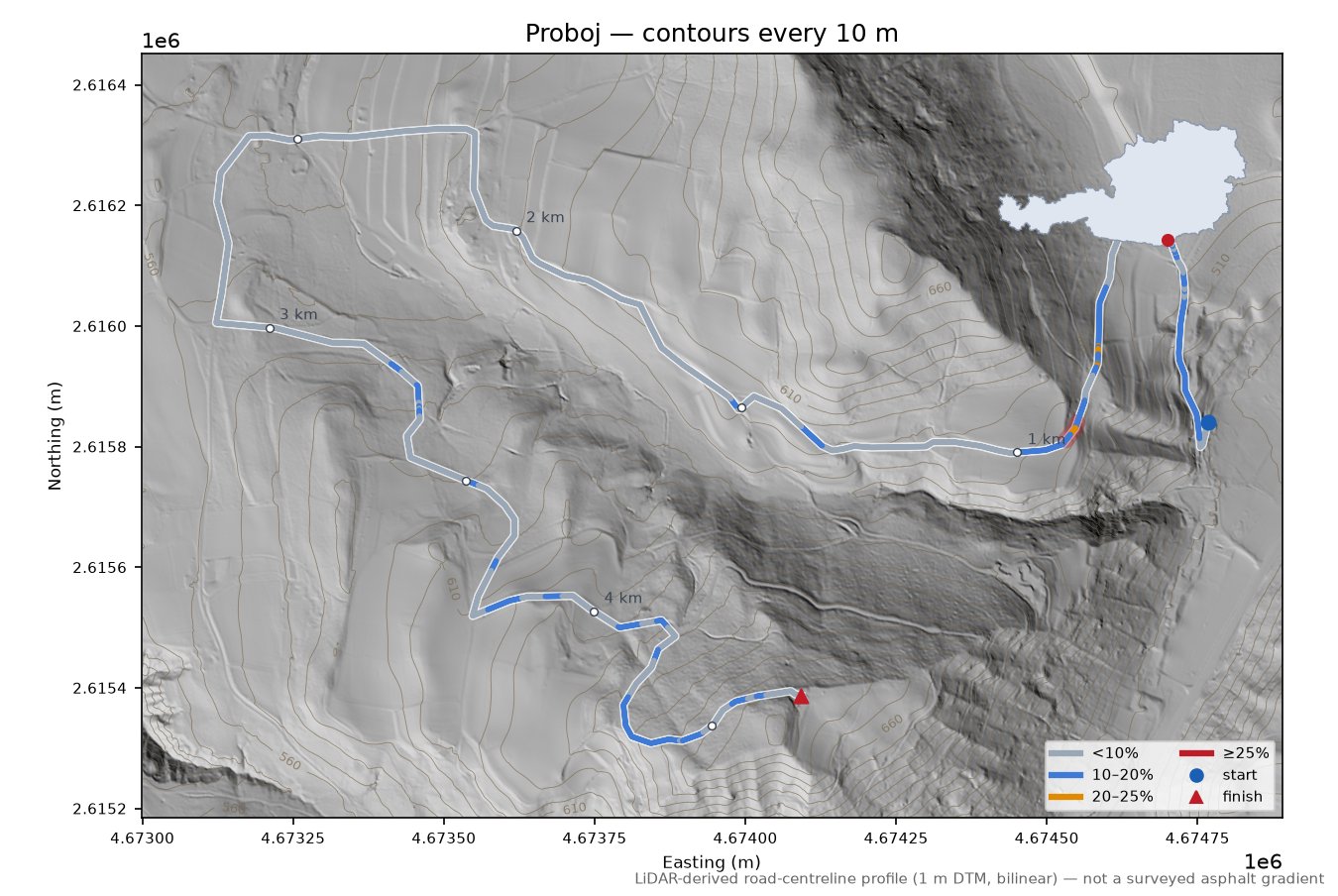 Proboj LiDAR hillshade map with contours