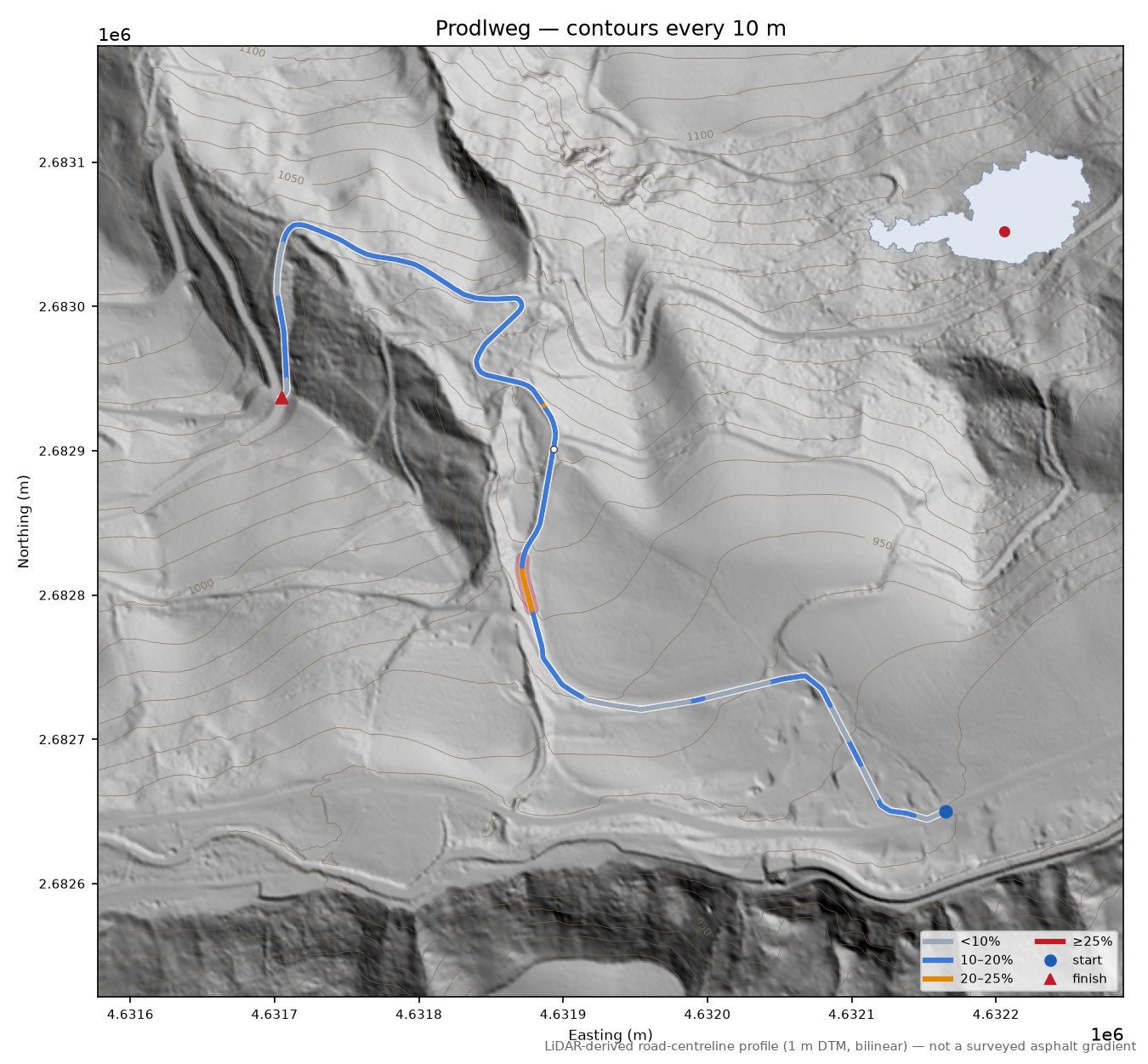 Prodlweg LiDAR hillshade map with contours