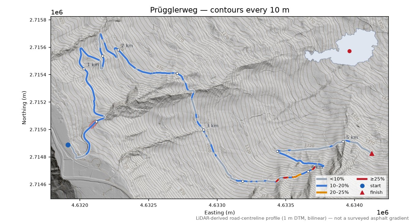 Prügglerweg LiDAR hillshade map with contours