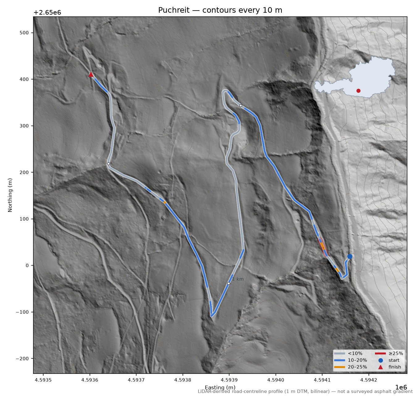 Puchreit LiDAR hillshade map with contours