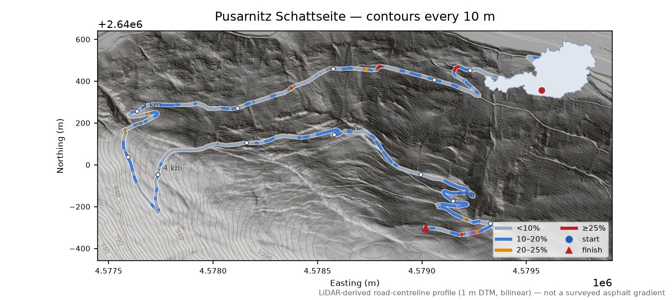Pusarnitz Schattseite LiDAR hillshade map with contours