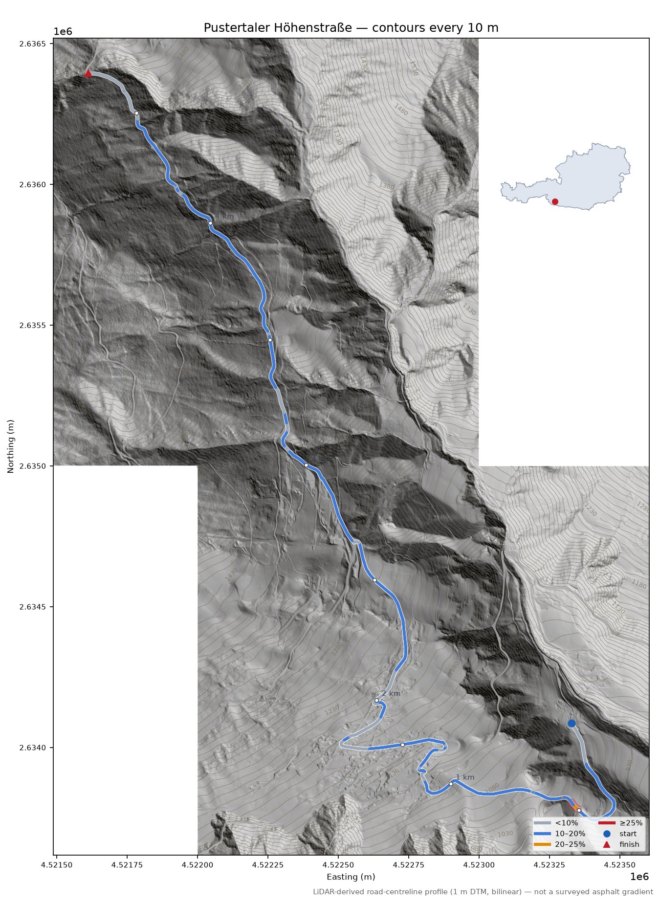 Pustertaler Höhenstraße LiDAR hillshade map with contours