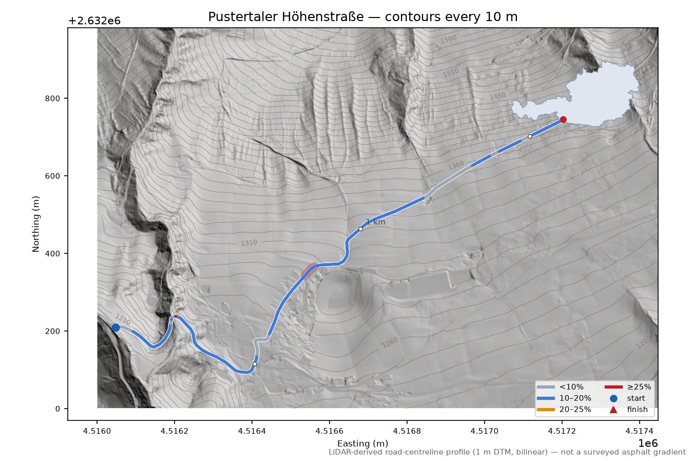 Pustertaler Höhenstraße LiDAR hillshade map with contours