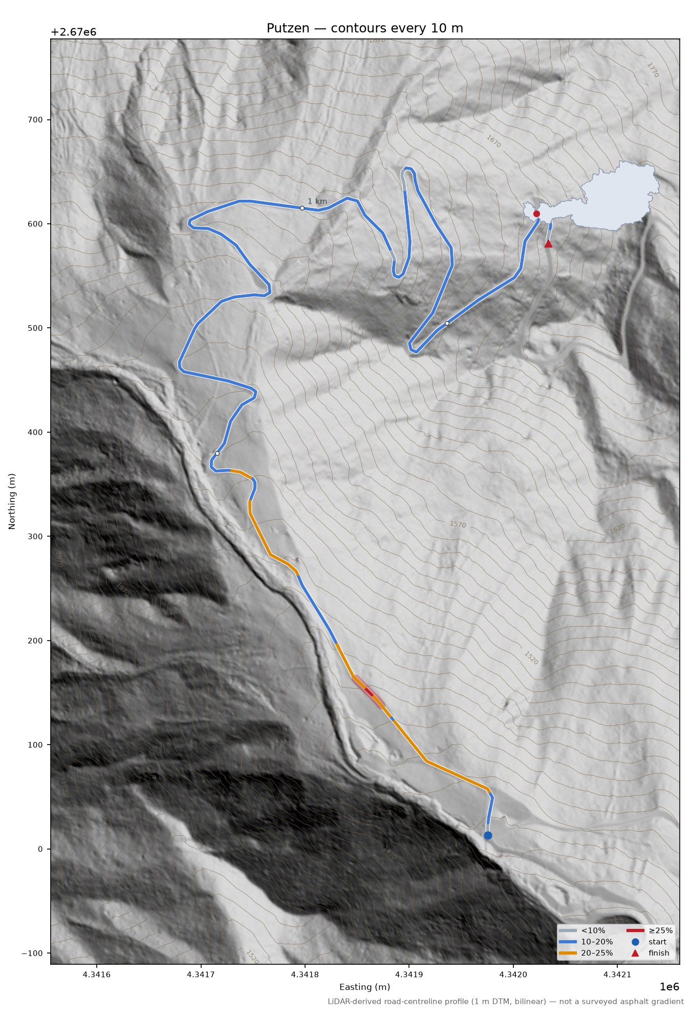 Putzen LiDAR hillshade map with contours