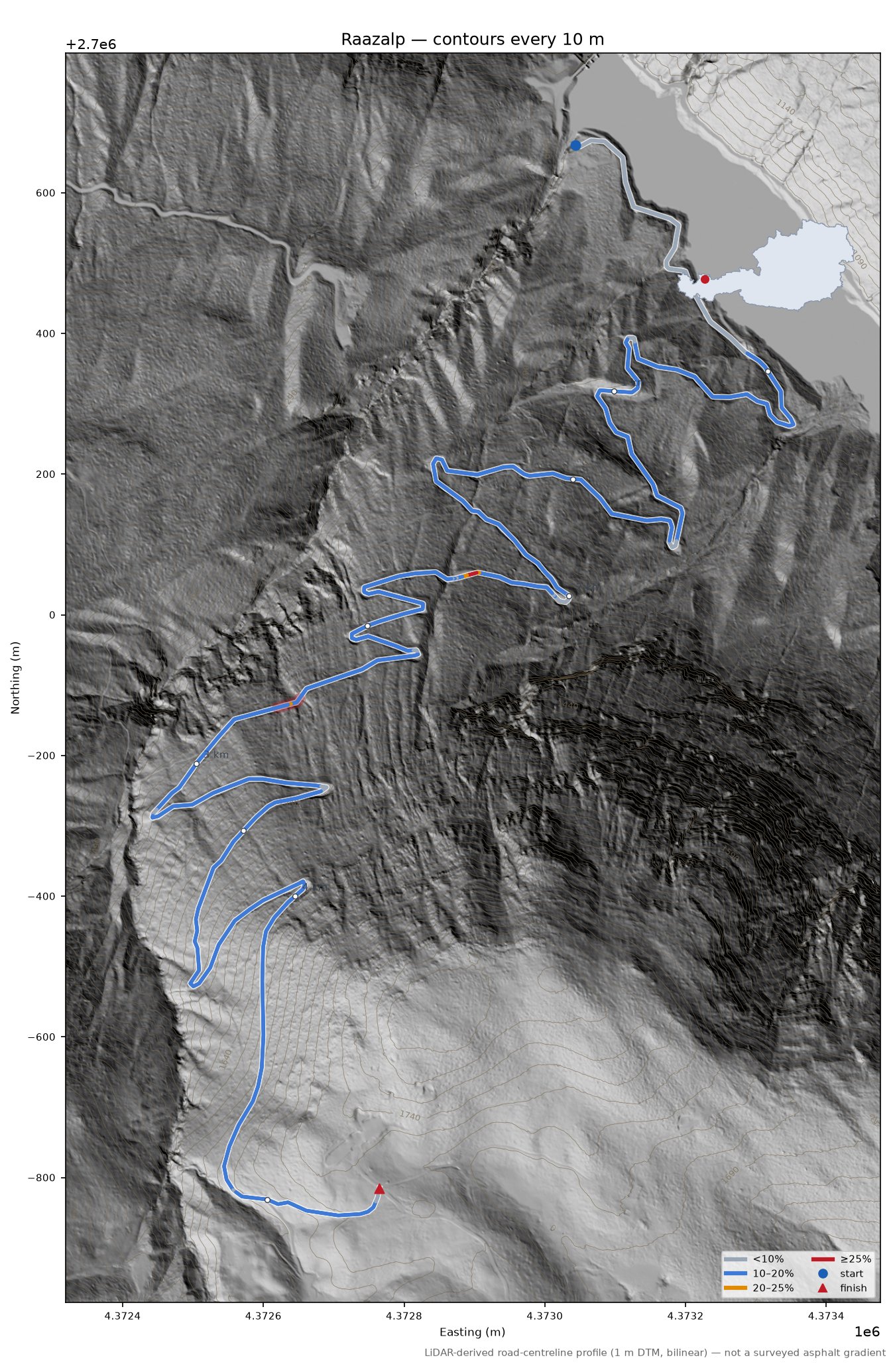Raazalp LiDAR hillshade map with contours