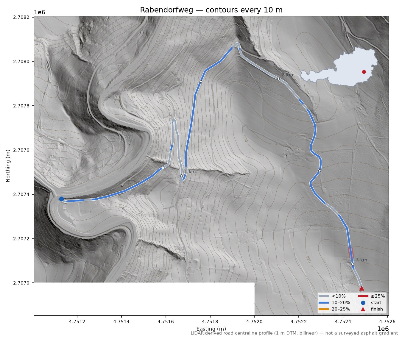 Rabendorfweg LiDAR hillshade map with contours
