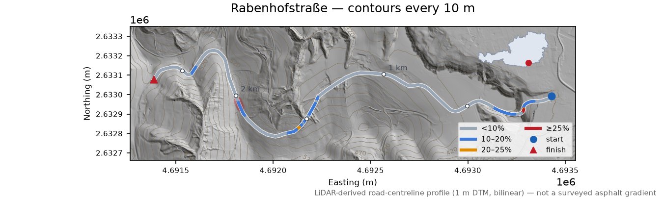 Rabenhofstraße LiDAR hillshade map with contours