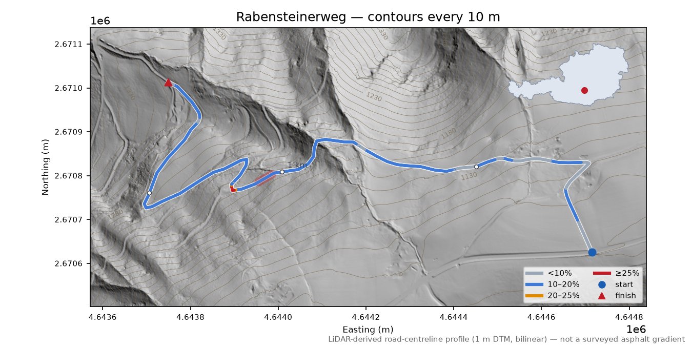 Rabensteinerweg LiDAR hillshade map with contours