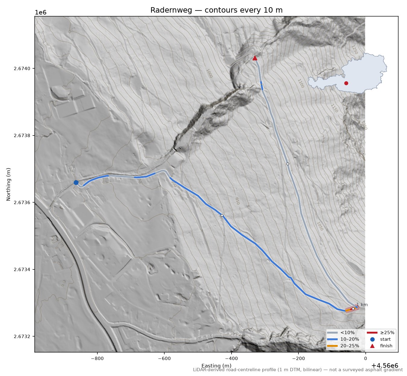 Radernweg LiDAR hillshade map with contours