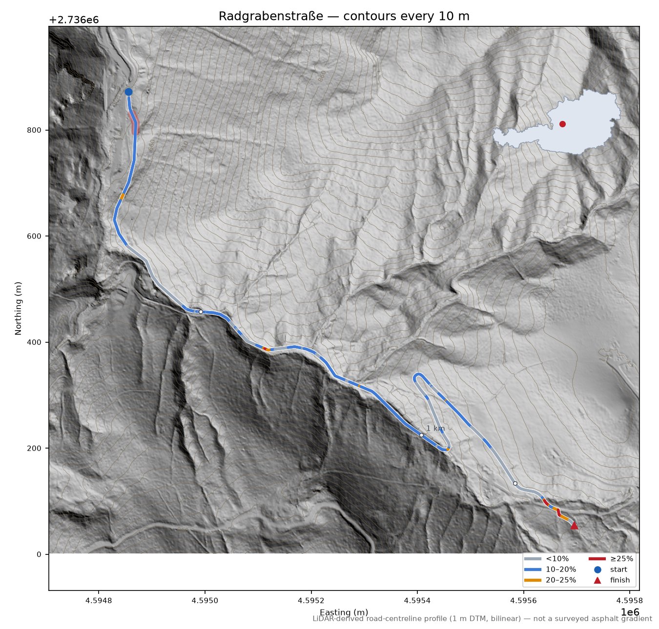 Radgrabenstraße LiDAR hillshade map with contours