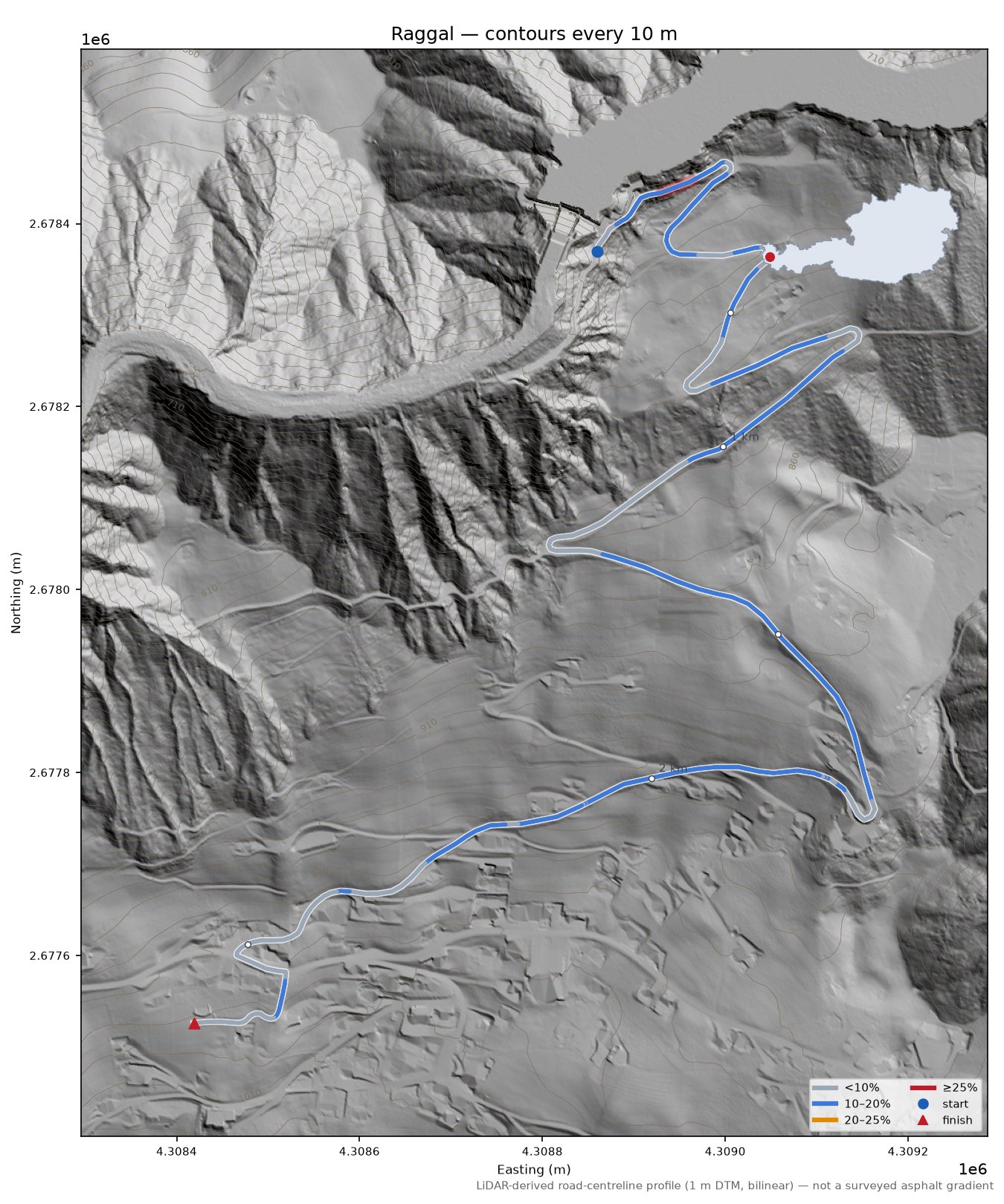 Raggal LiDAR hillshade map with contours