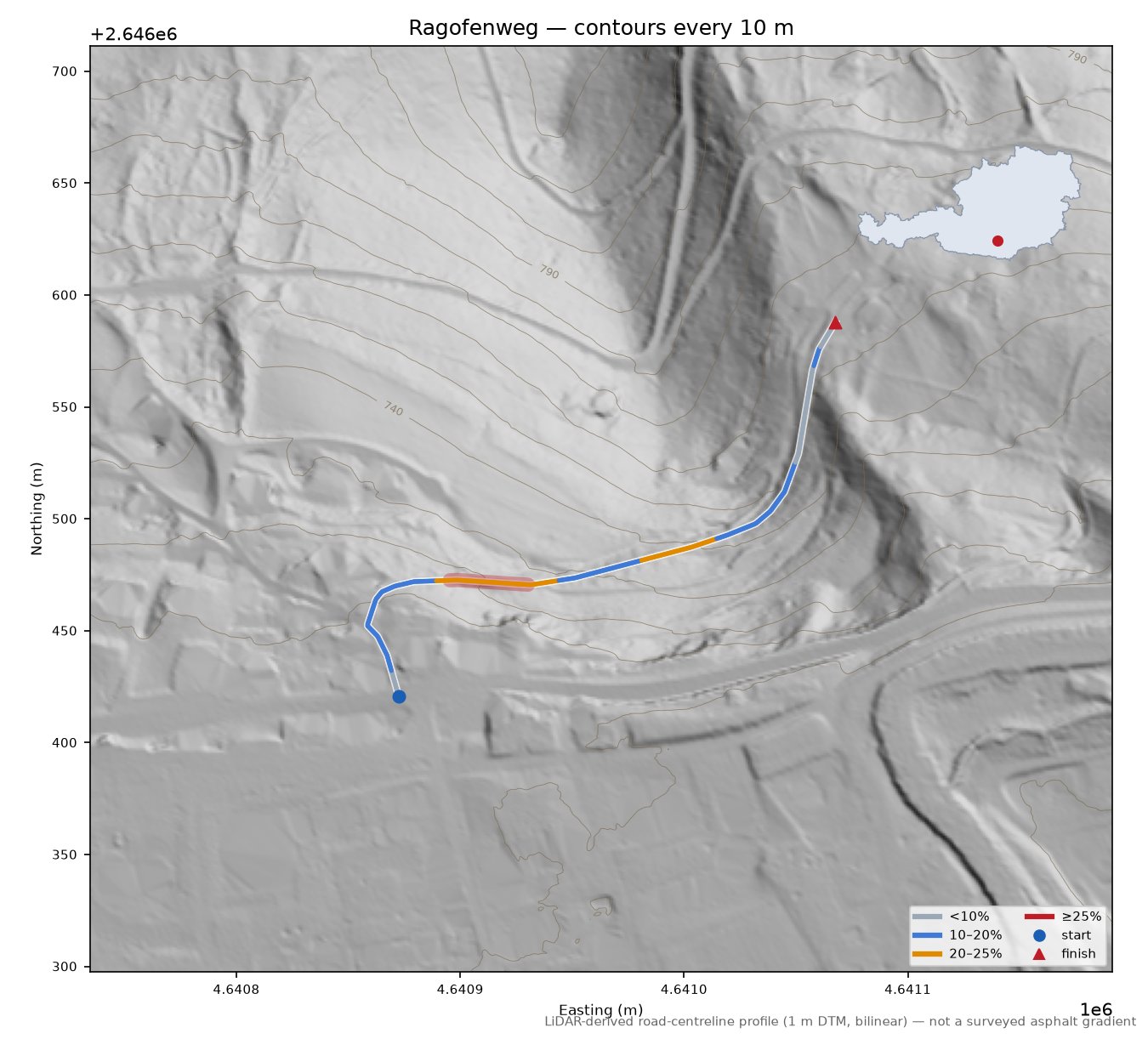 Ragofenweg LiDAR hillshade map with contours
