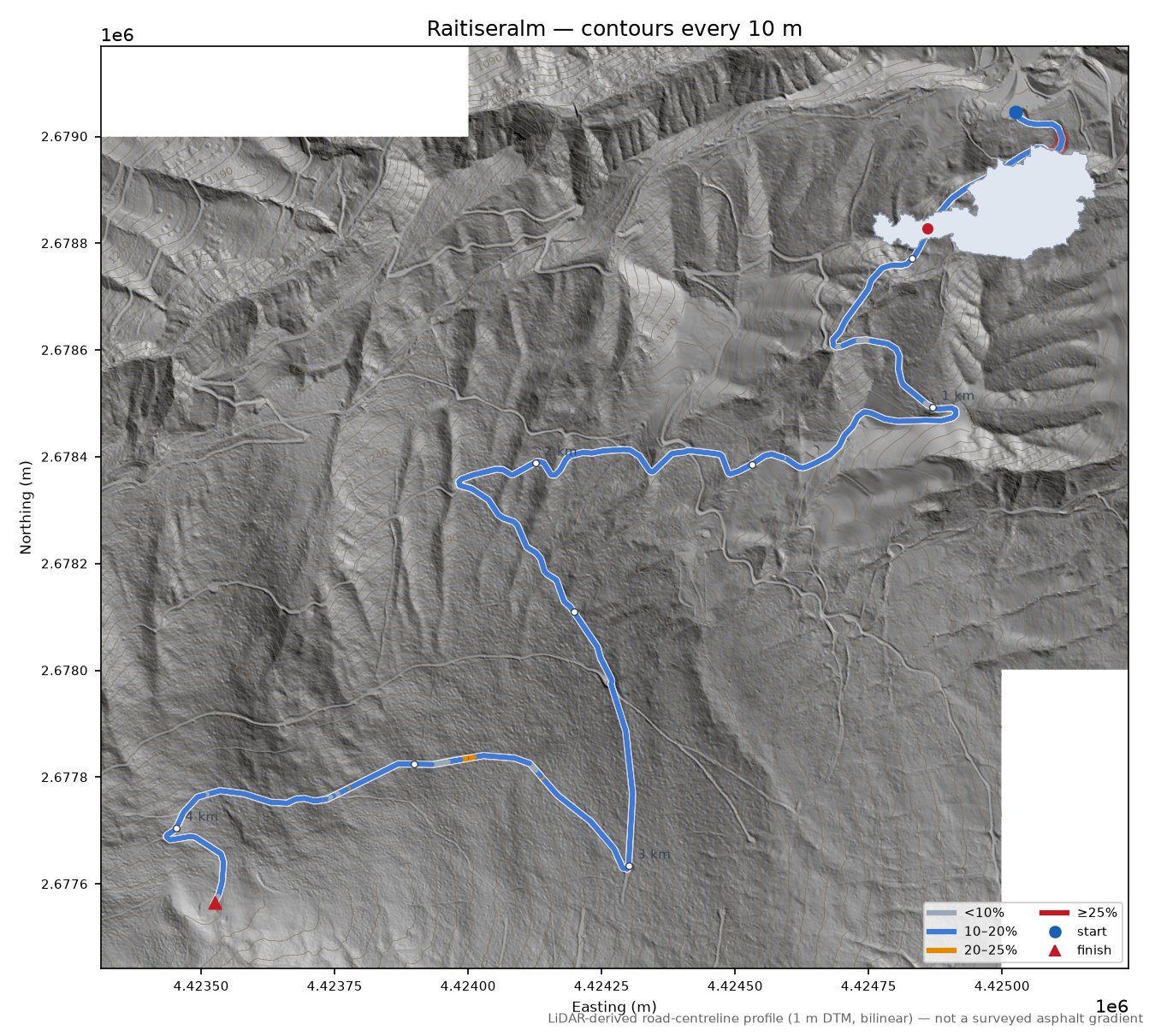 Raitiseralm LiDAR hillshade map with contours