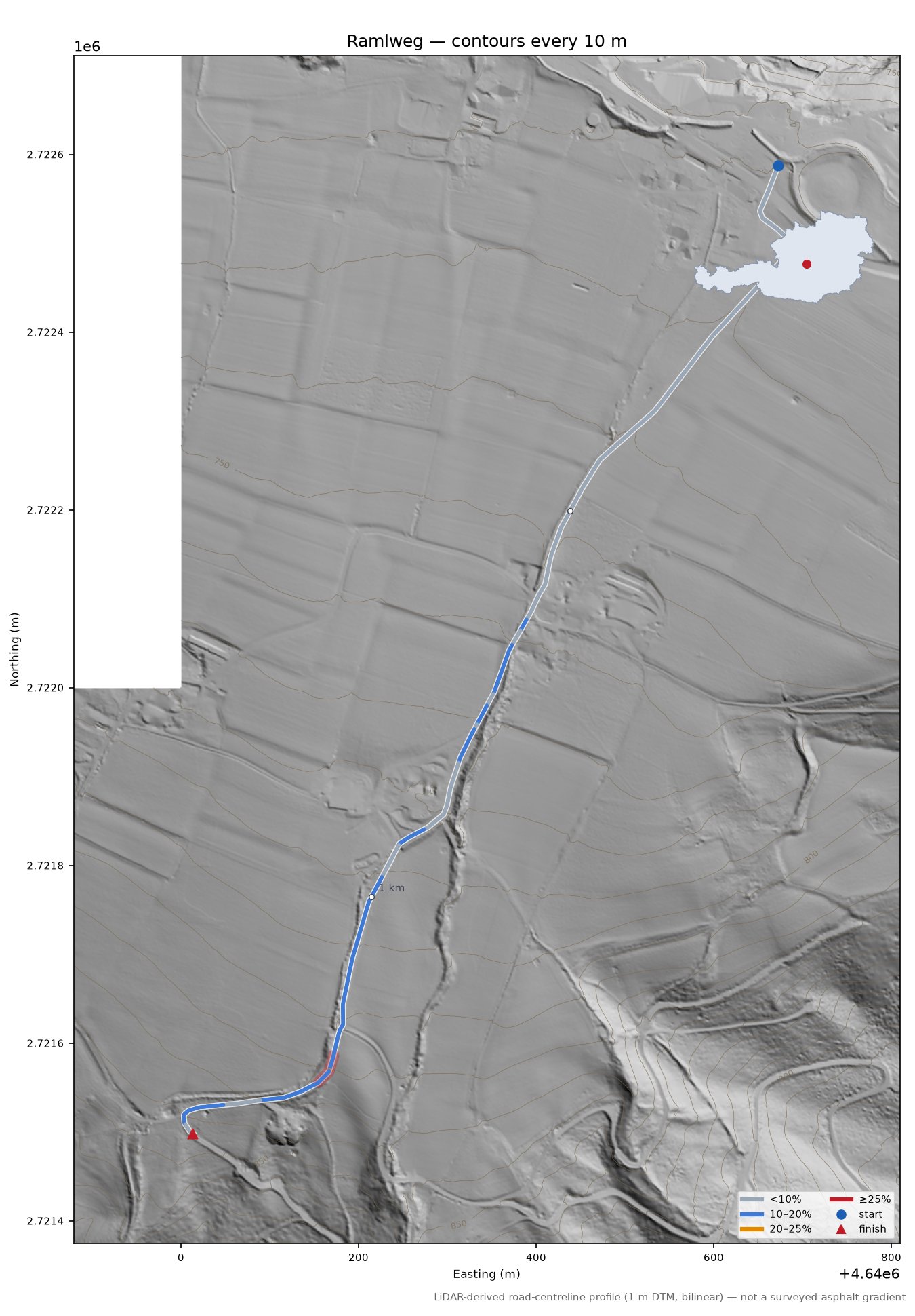 Ramlweg LiDAR hillshade map with contours