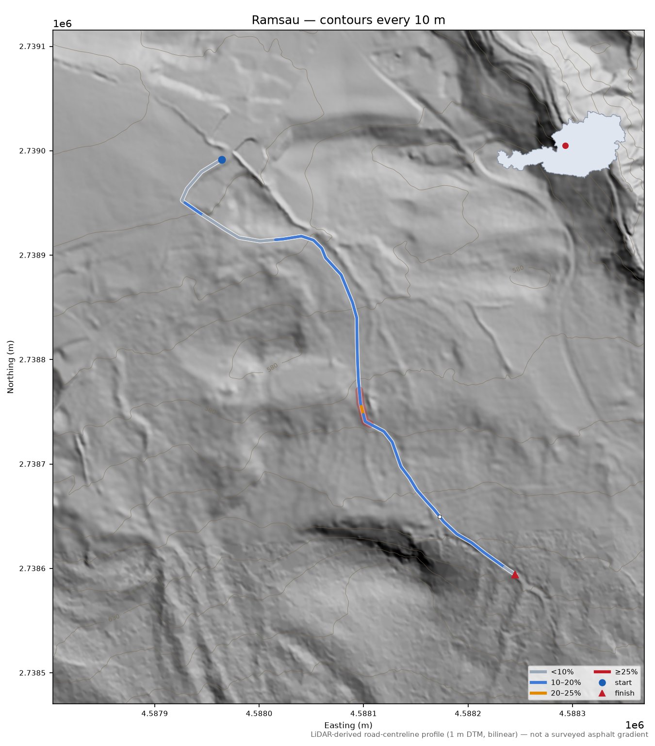 Ramsau LiDAR hillshade map with contours