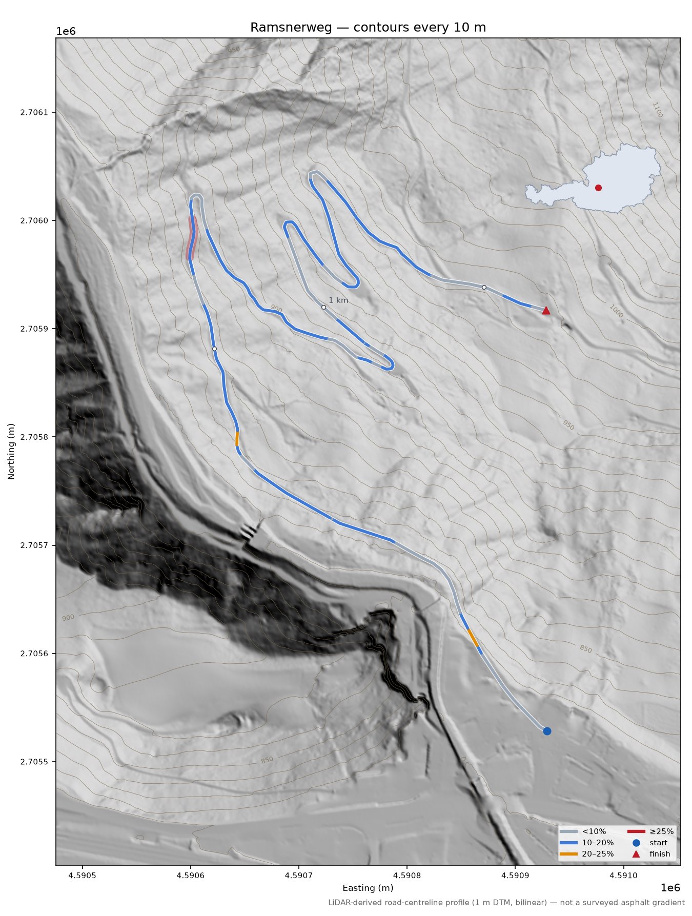 Ramsnerweg LiDAR hillshade map with contours