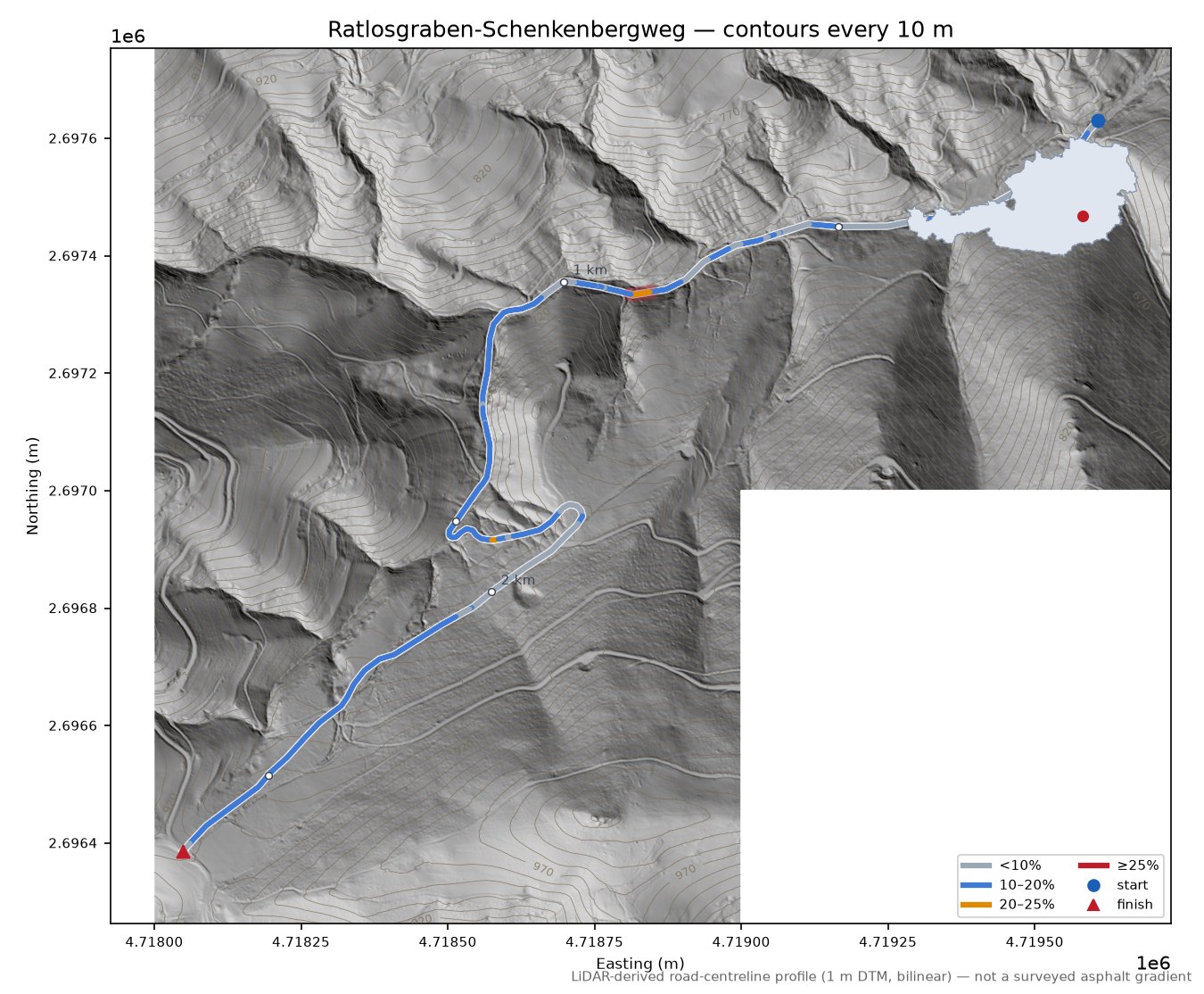 Ratlosgraben-Schenkenbergweg LiDAR hillshade map with contours