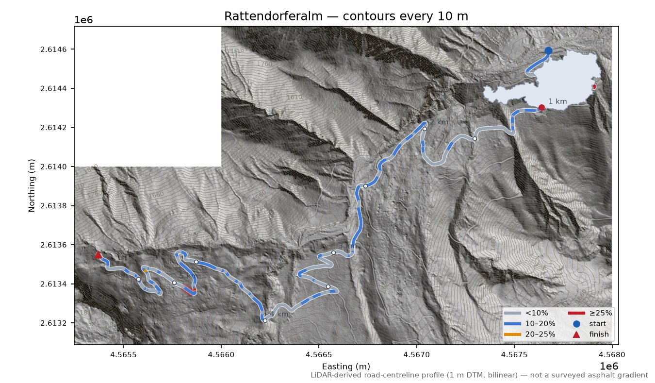 Rattendorferalm LiDAR hillshade map with contours