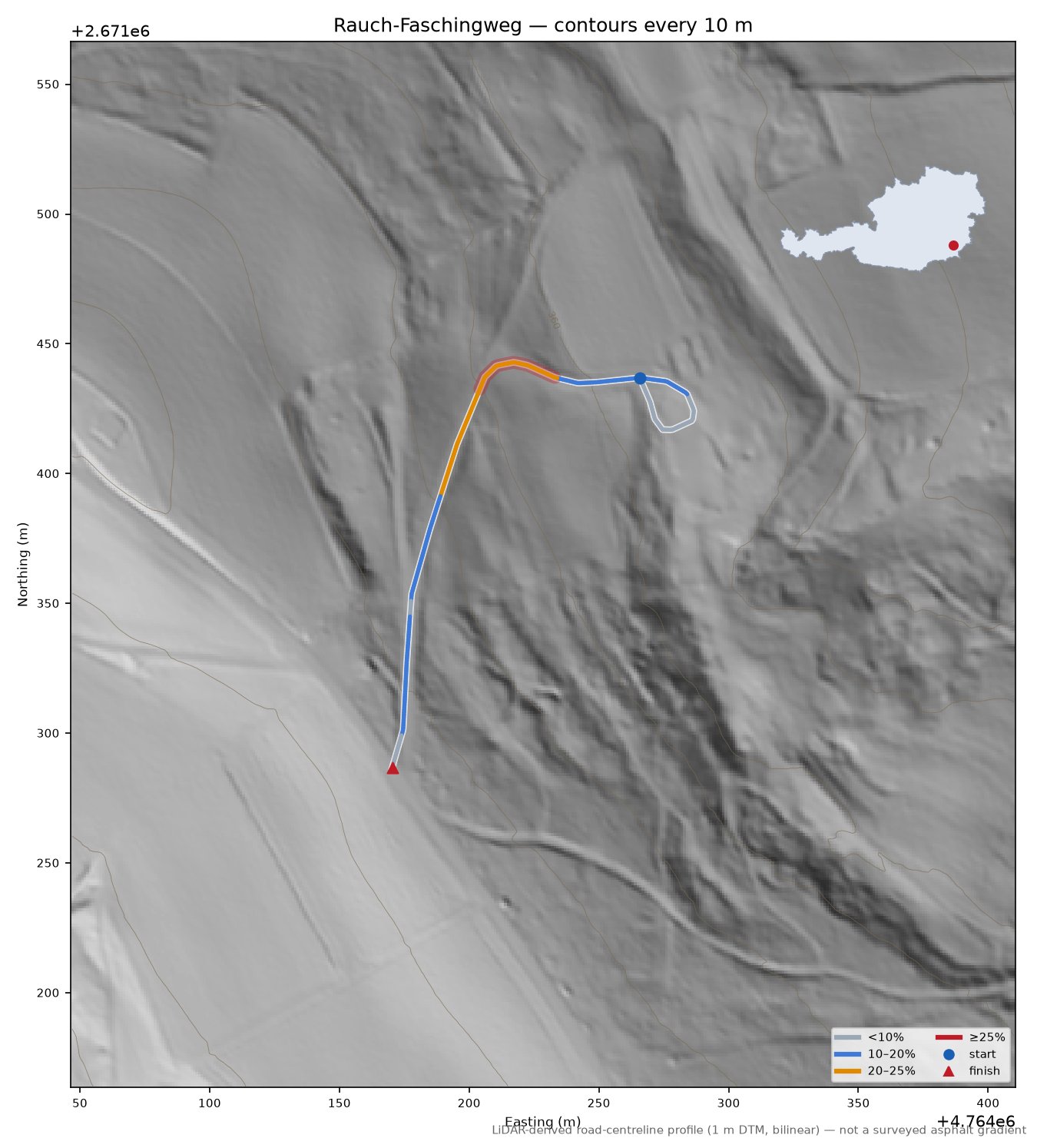 Rauch-Faschingweg LiDAR hillshade map with contours