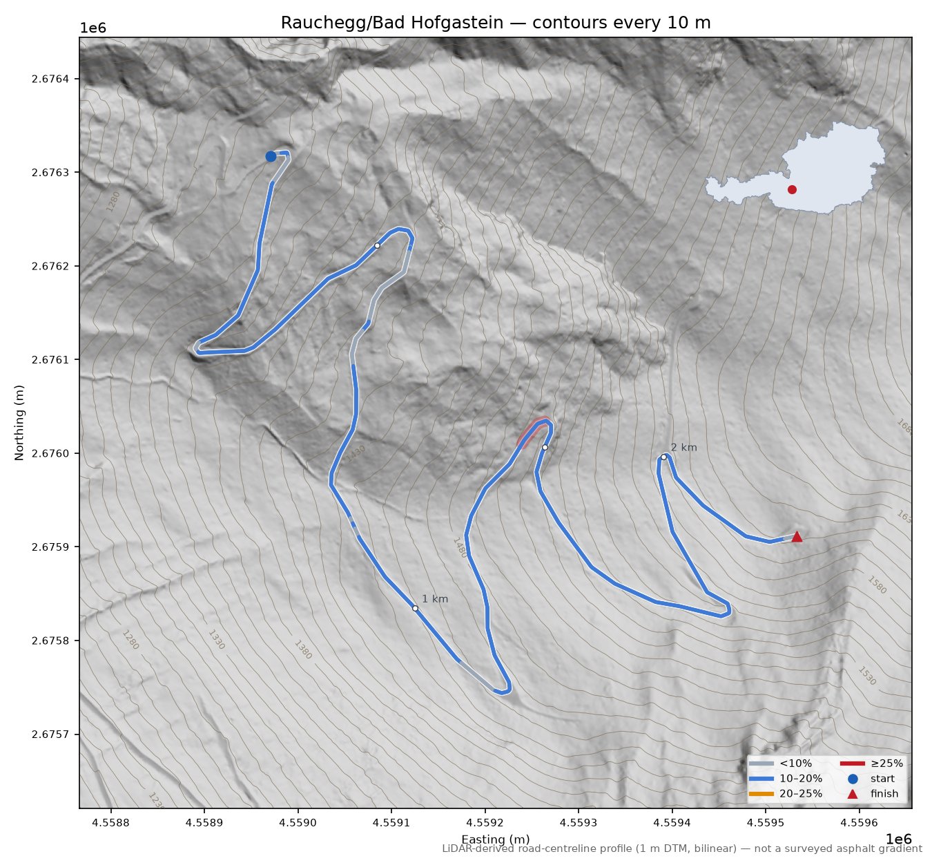 Rauchegg/Bad Hofgastein LiDAR hillshade map with contours