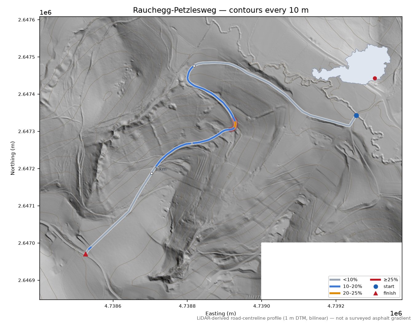 Rauchegg-Petzlesweg LiDAR hillshade map with contours