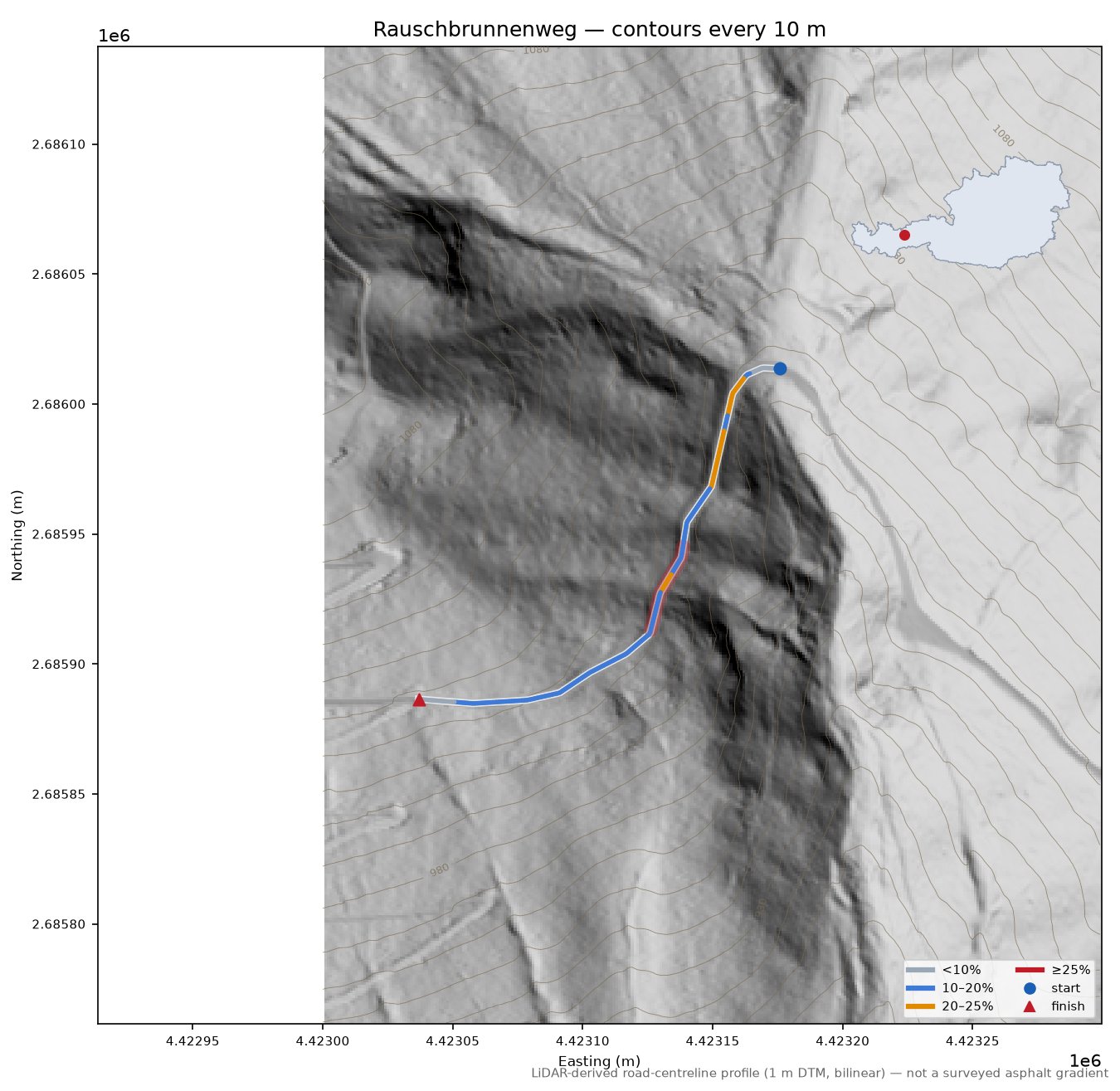Rauschbrunnenweg LiDAR hillshade map with contours