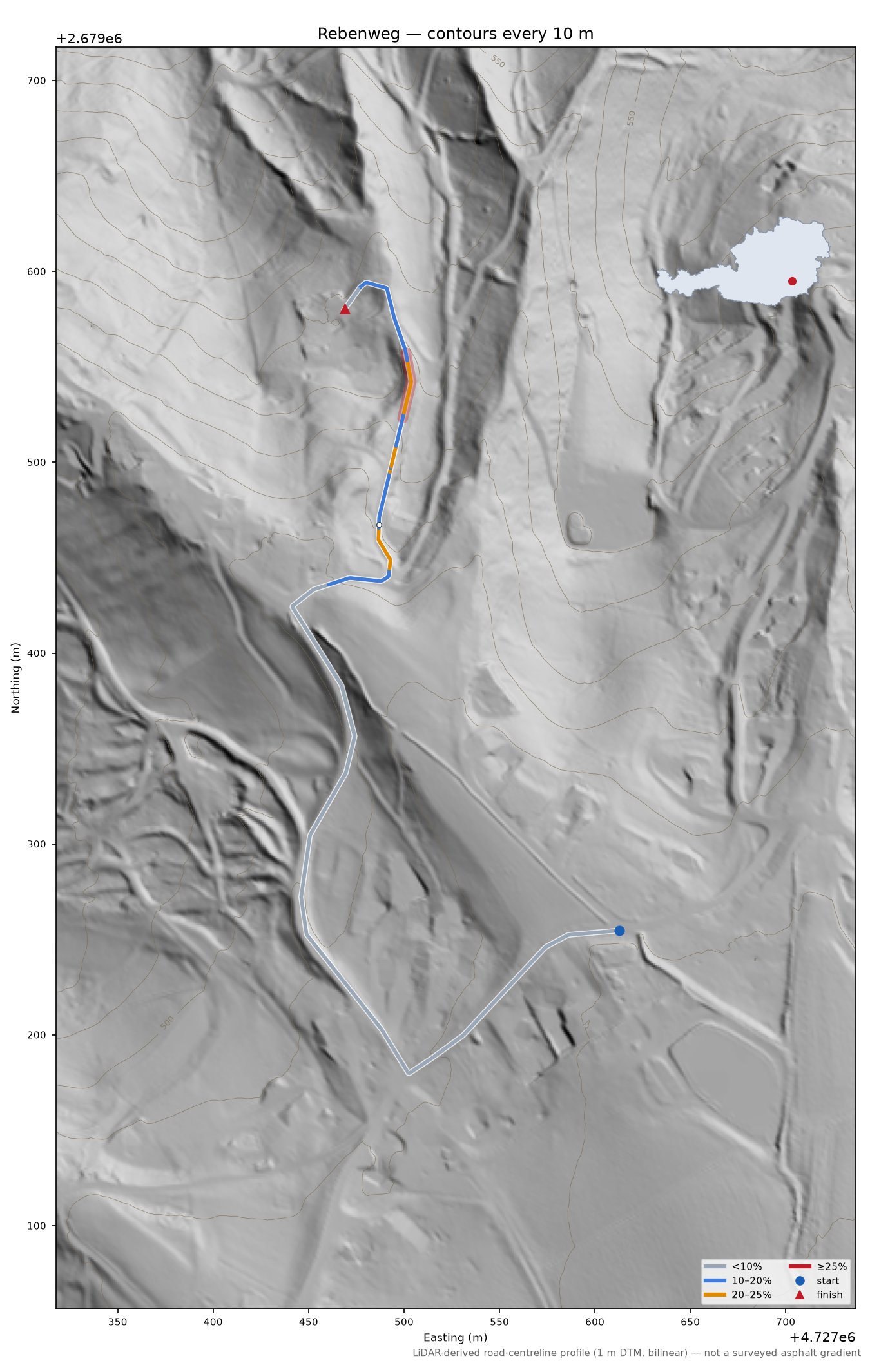 Rebenweg LiDAR hillshade map with contours