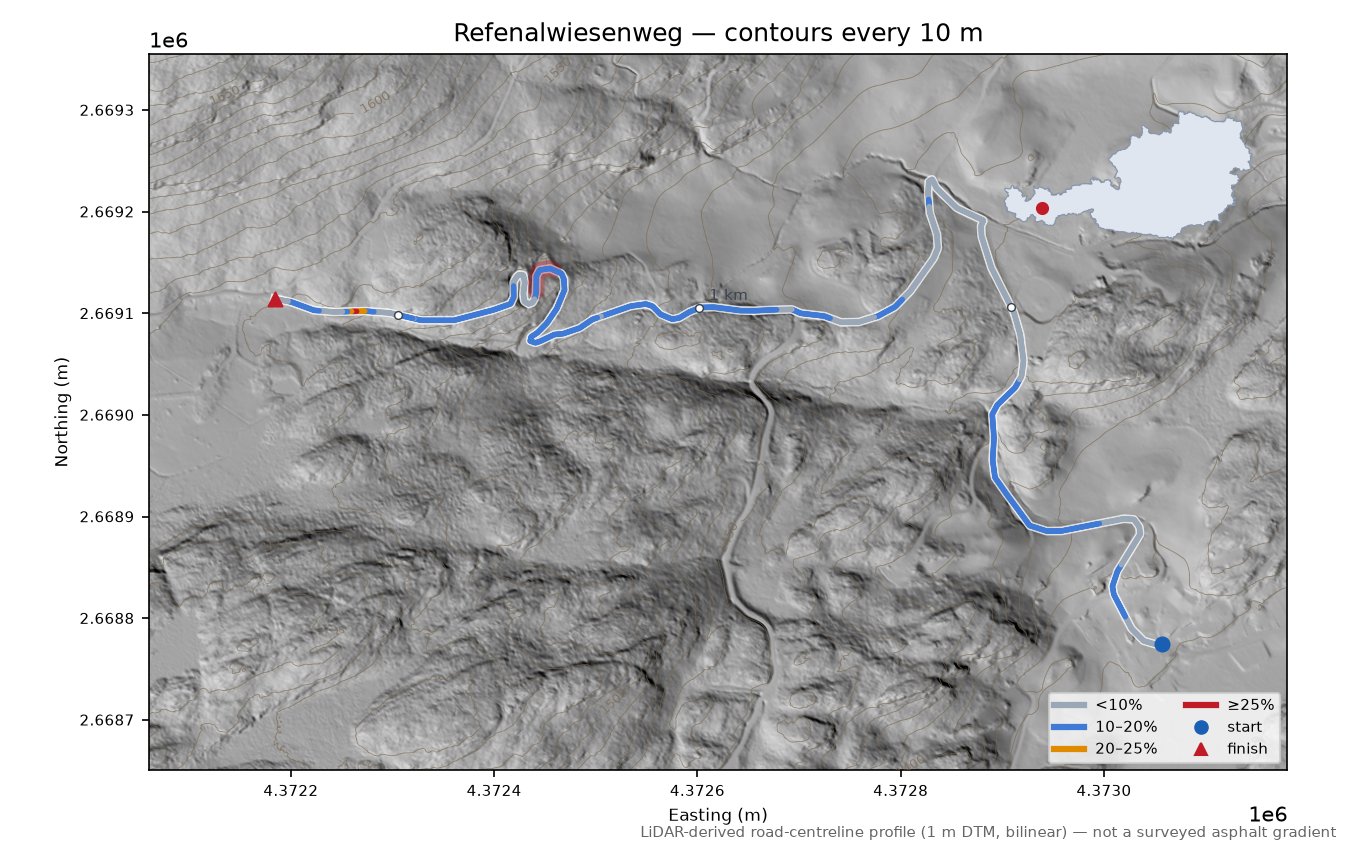 Refenalwiesenweg LiDAR hillshade map with contours