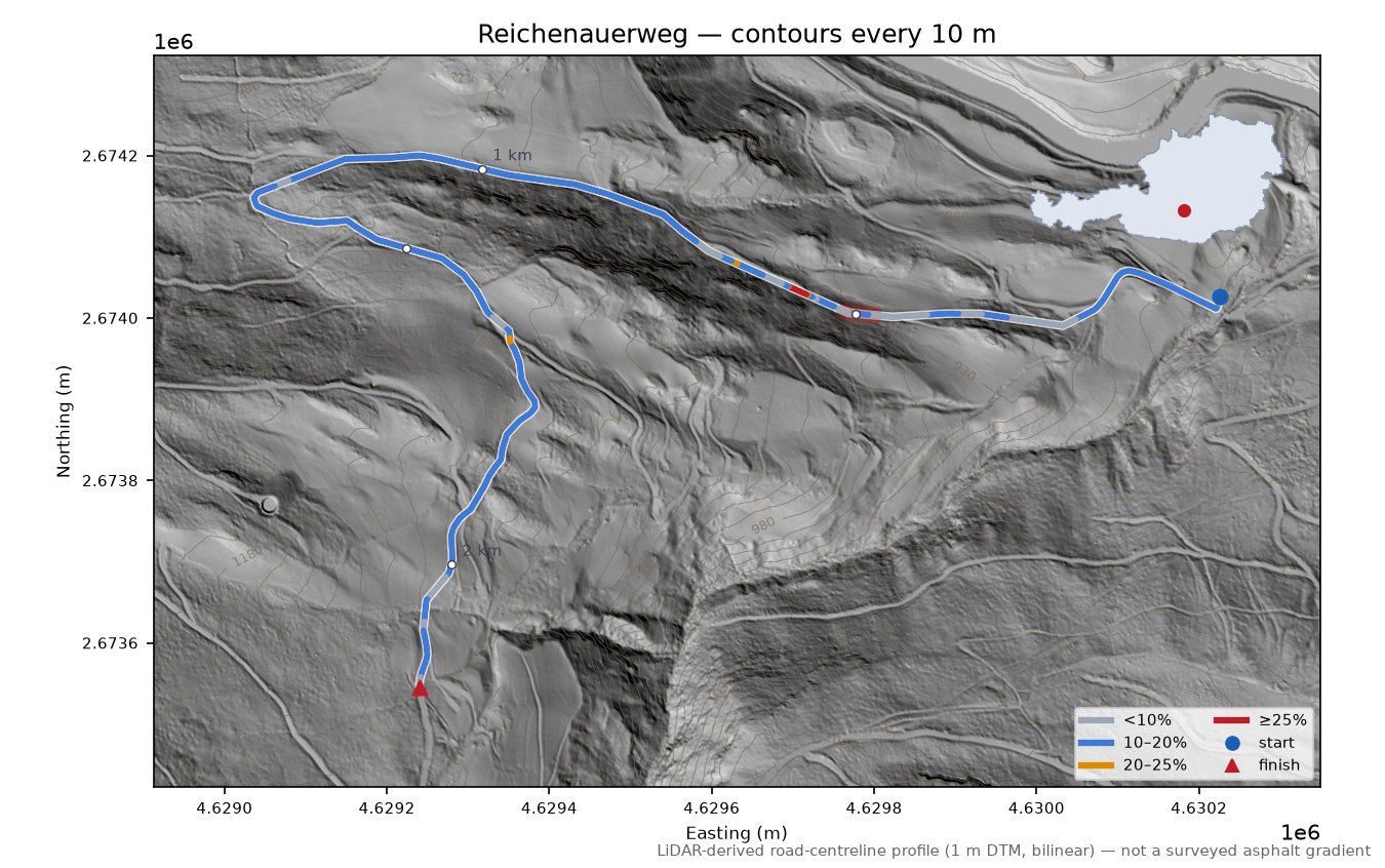 Reichenauerweg LiDAR hillshade map with contours