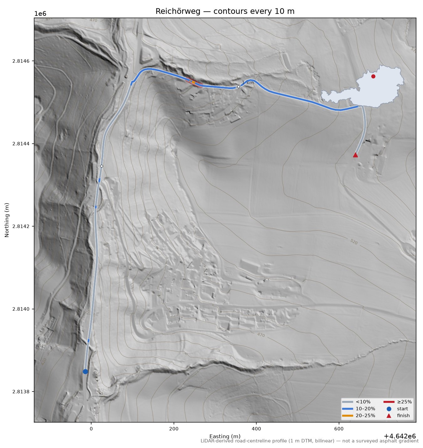 Reichörweg LiDAR hillshade map with contours