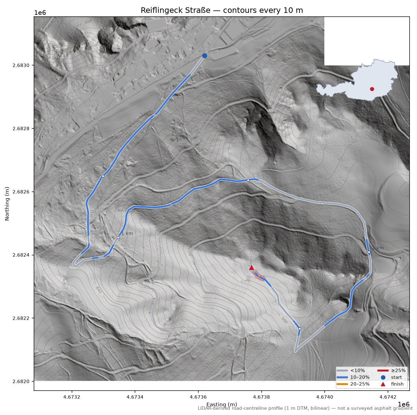 Reiflingeck Straße LiDAR hillshade map with contours
