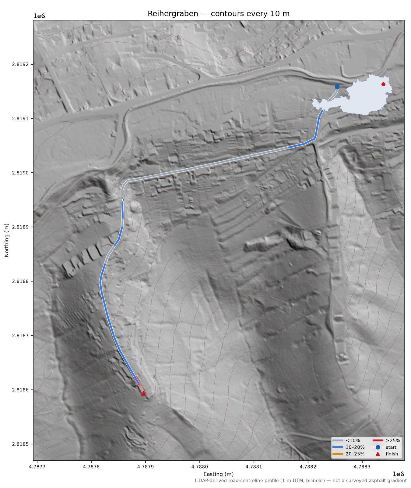 Reihergraben LiDAR hillshade map with contours
