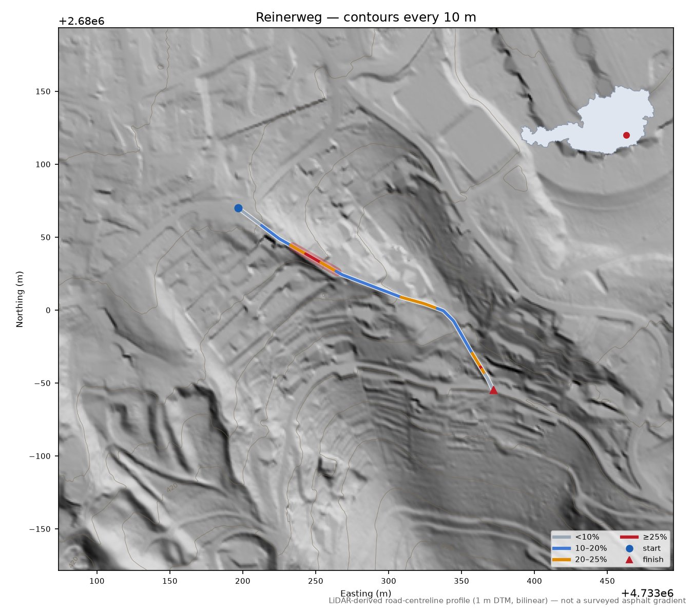 Reinerweg LiDAR hillshade map with contours